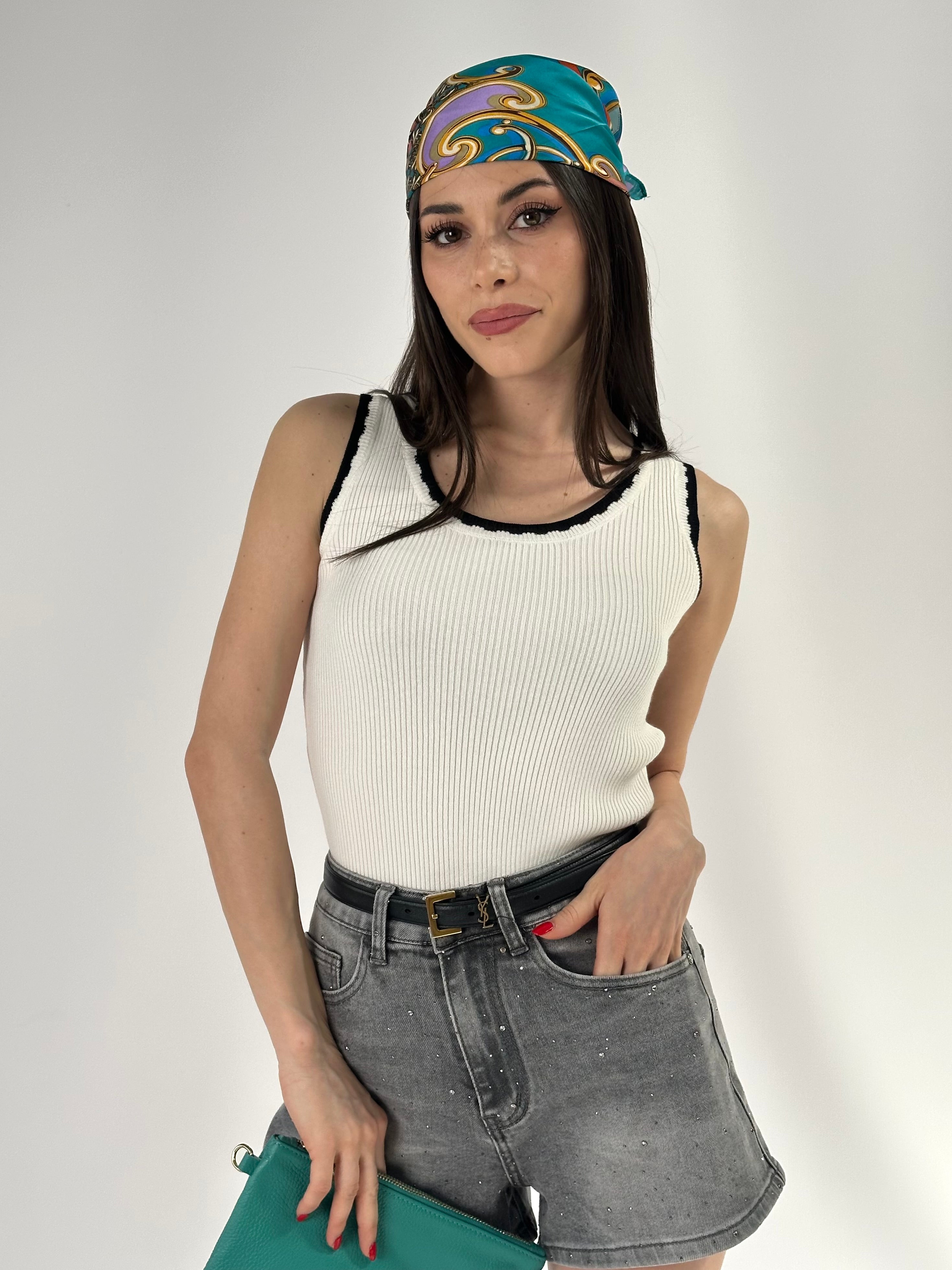 Top in cotone a costine doppio colore bianco