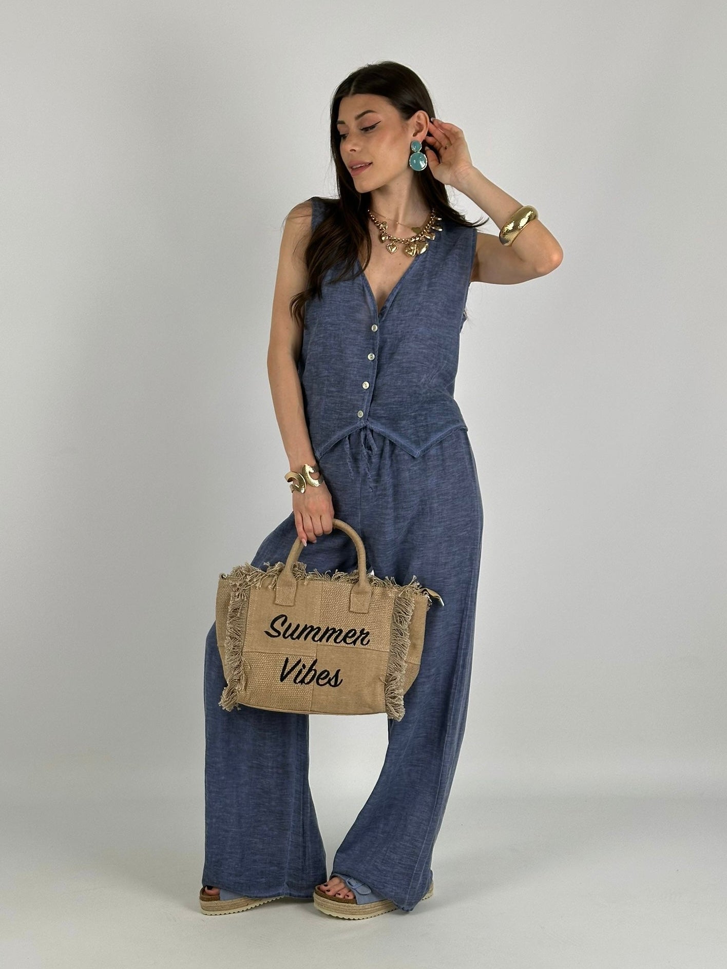 Completo cotone e lino gilet blu