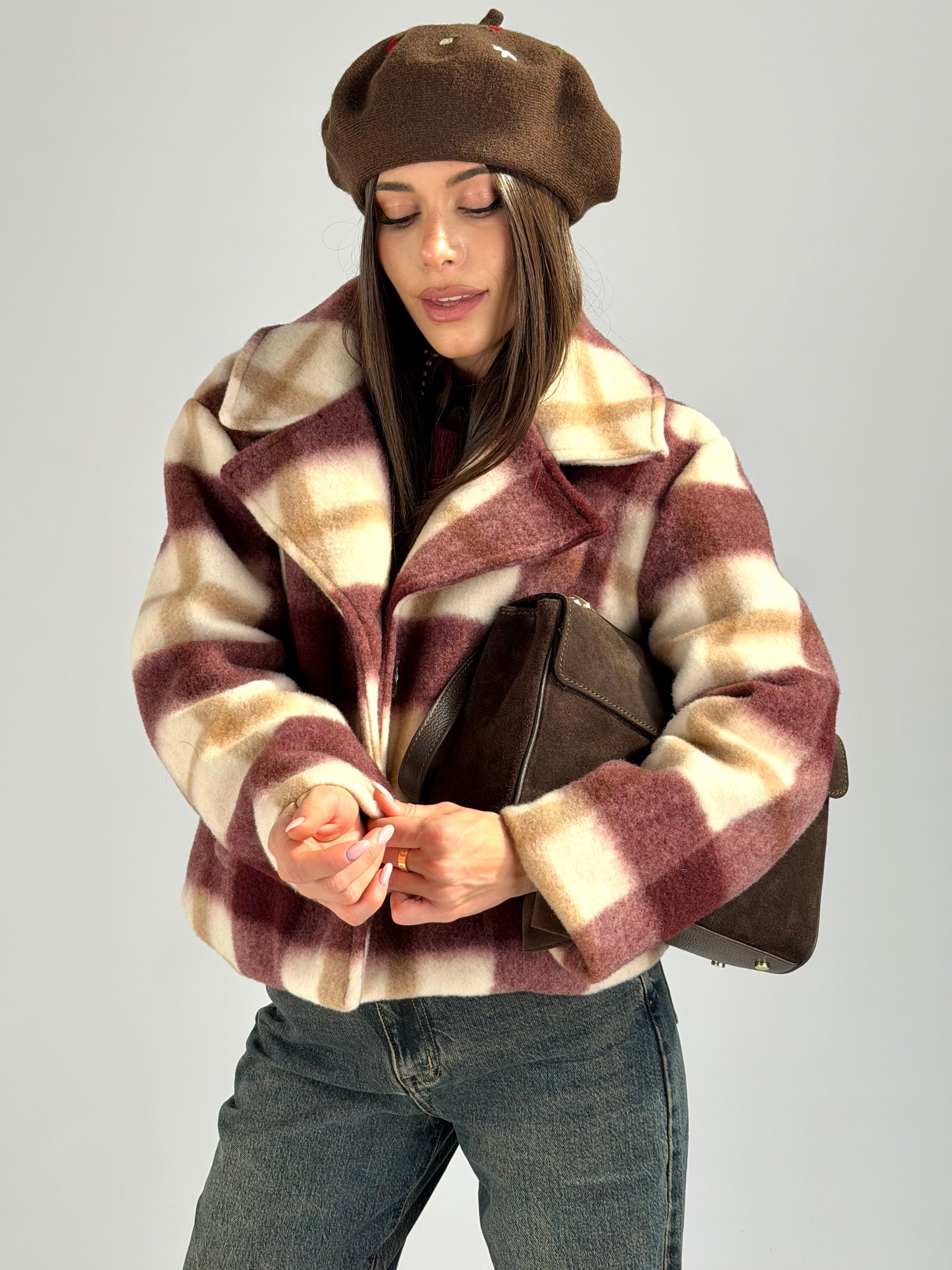 cappotto check in panno bordeaux