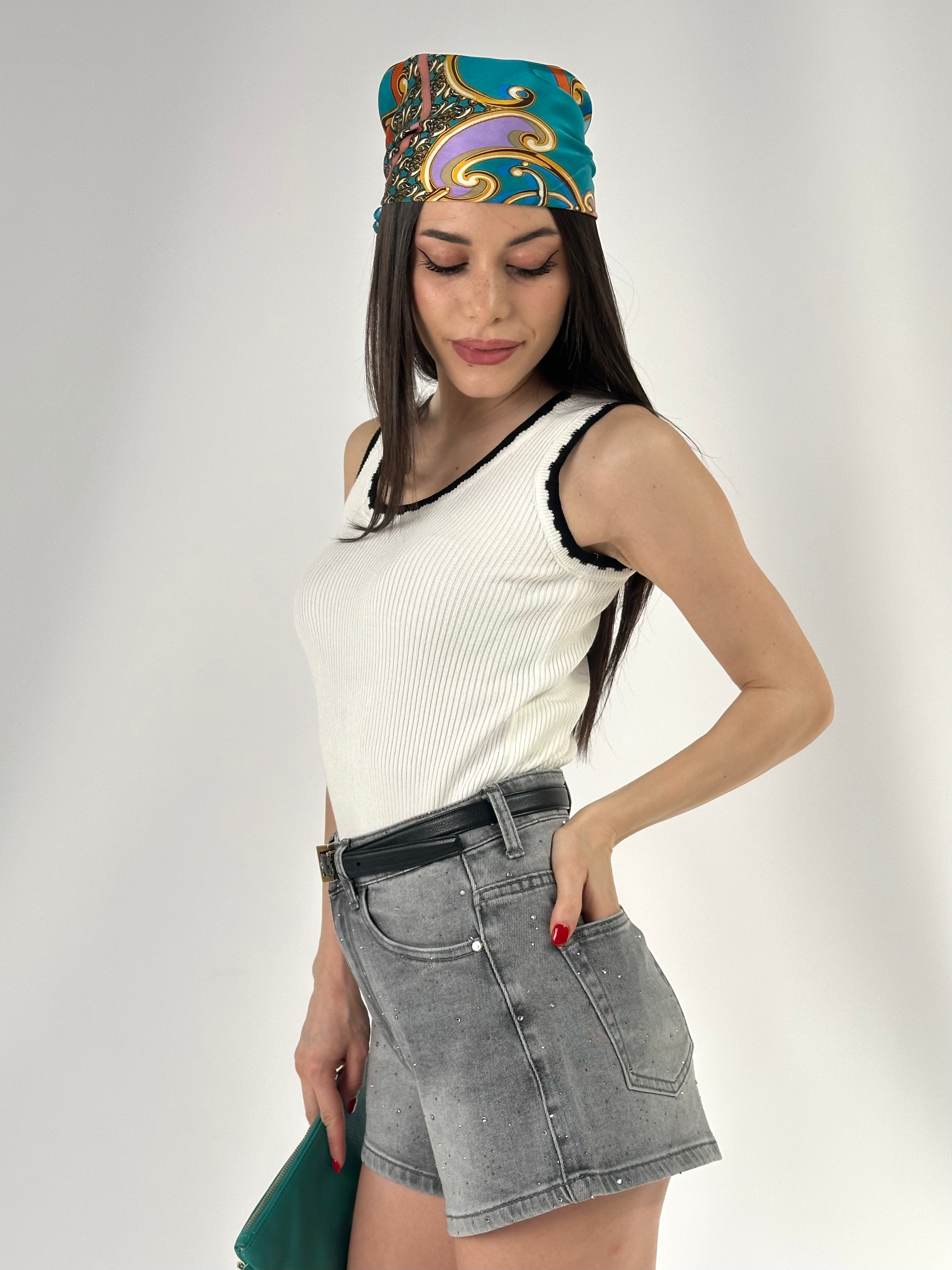Top in cotone a costine doppio colore bianco