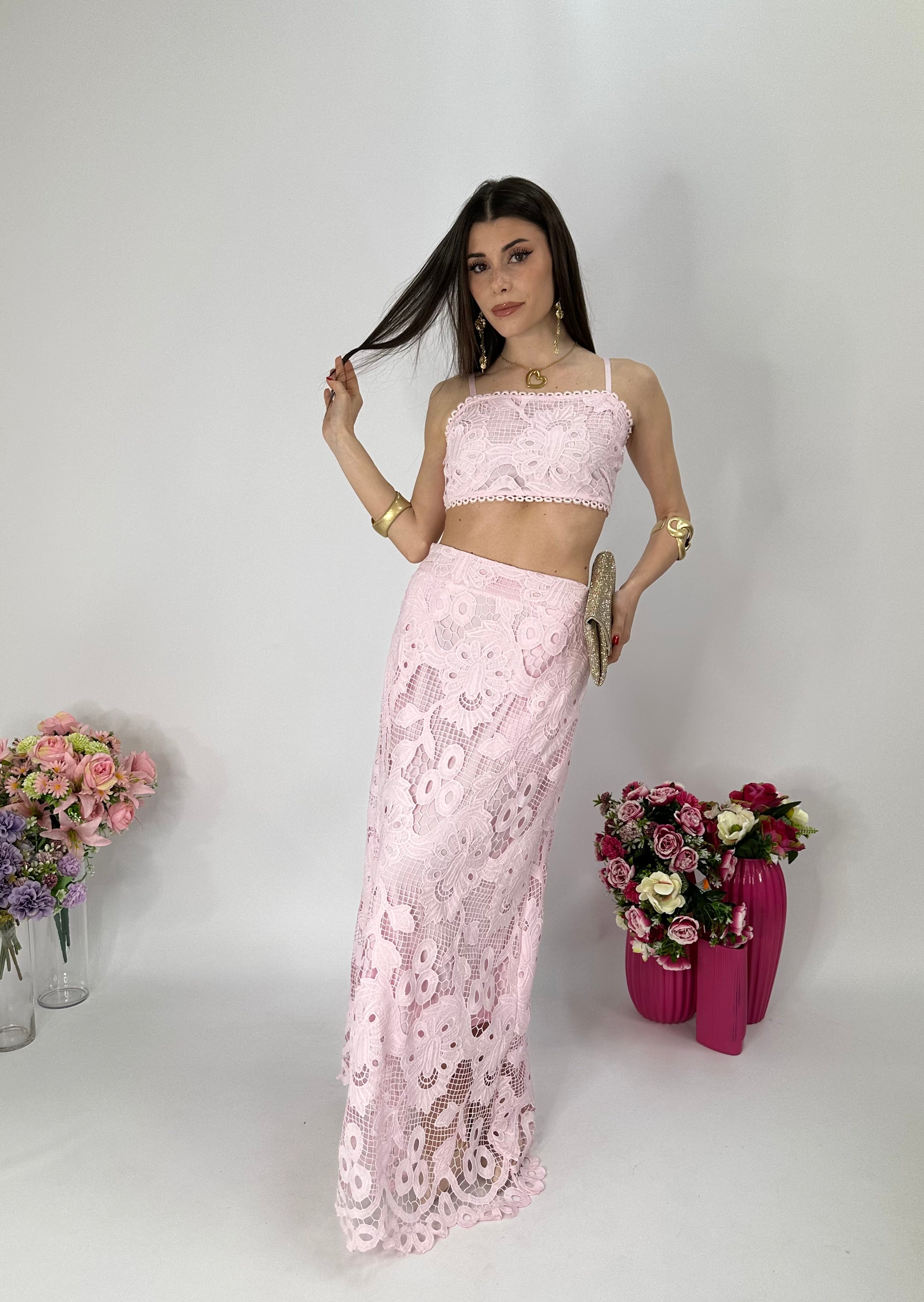 Completo in pizzo top+gonna rosa