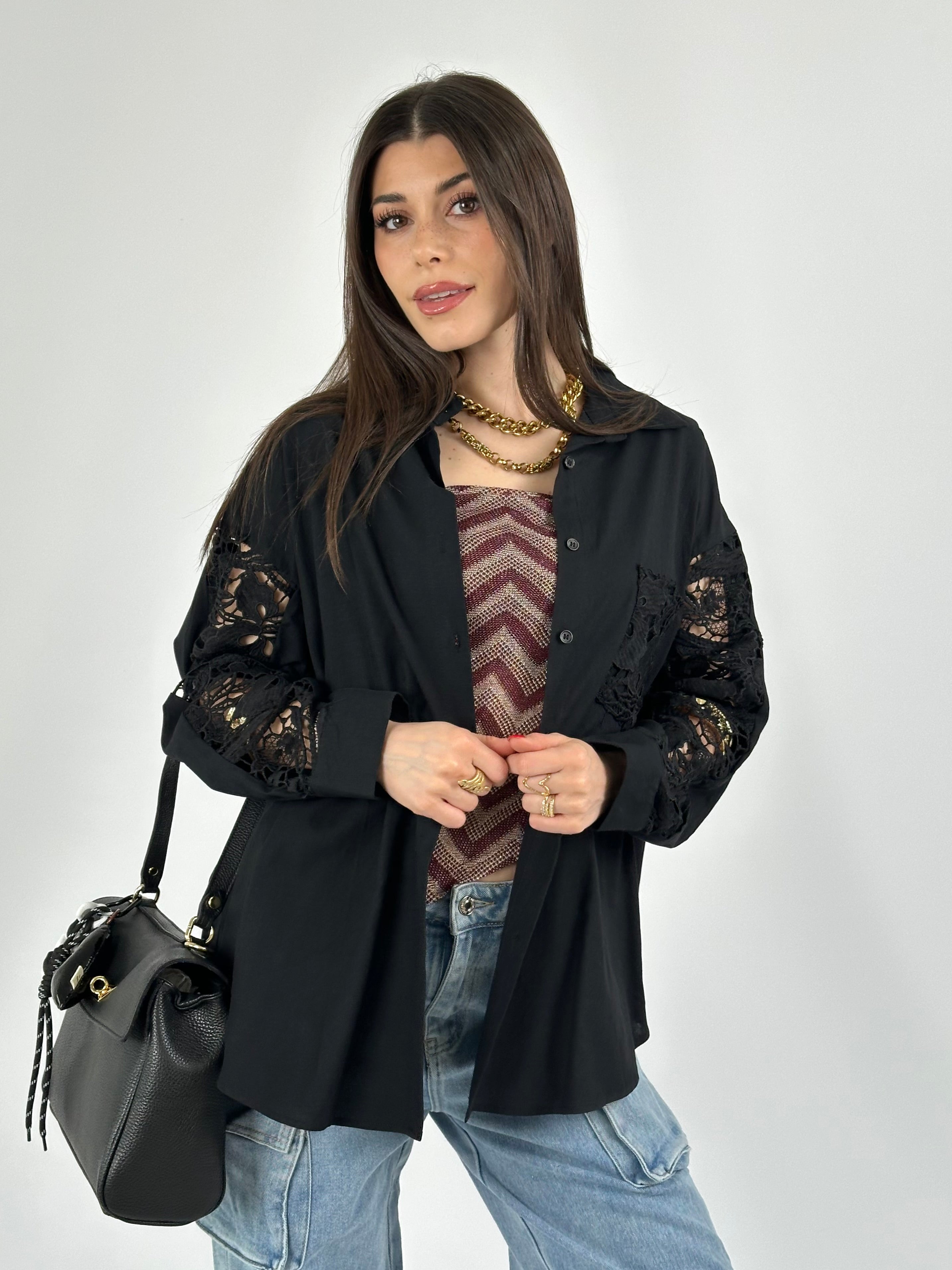 Camicia in cotone ricami tattoo nero