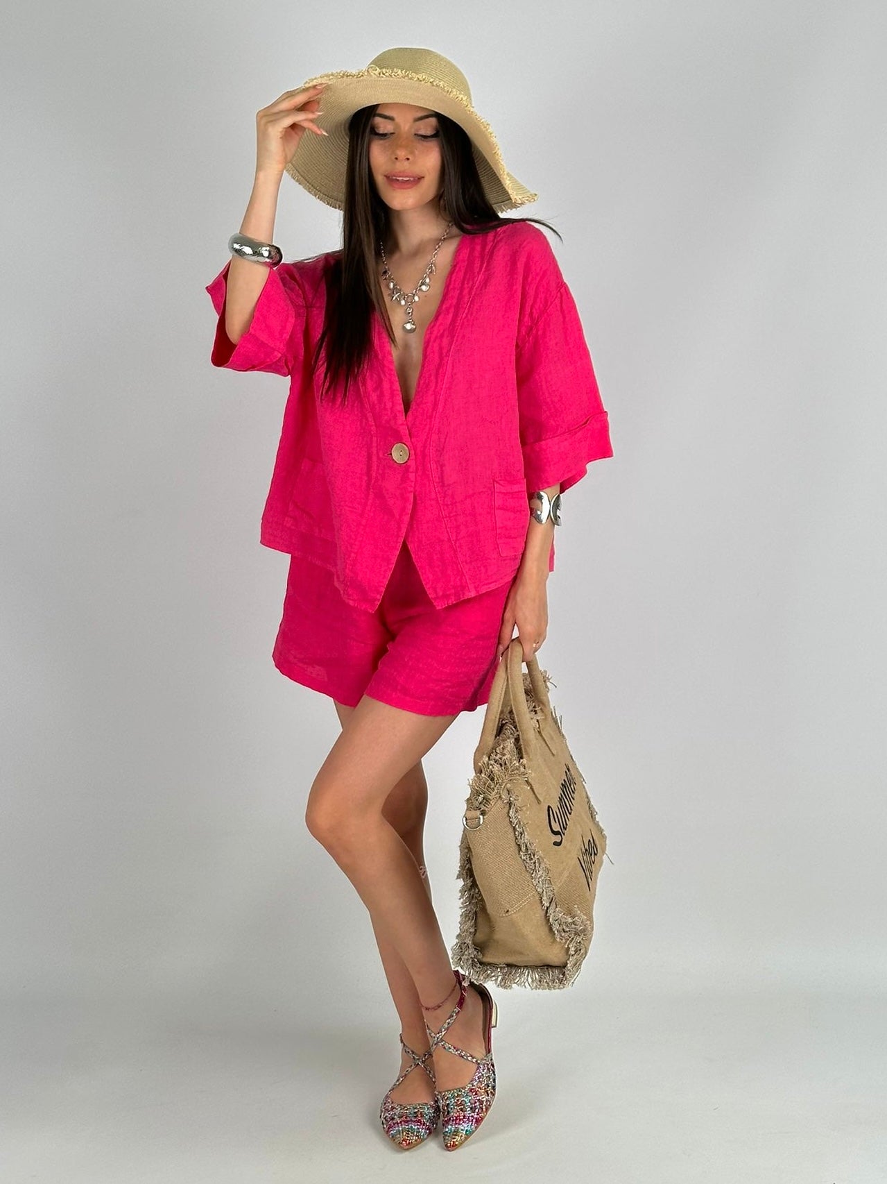 Short completo 100% Lino Cagliari fucsia