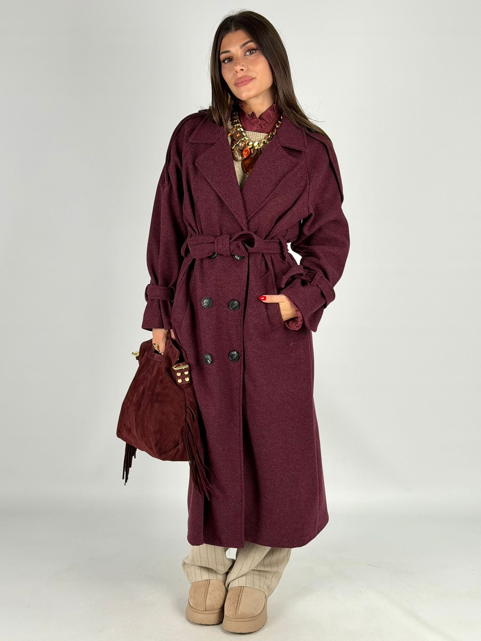 Maxi cappotto fiocco bordeaux