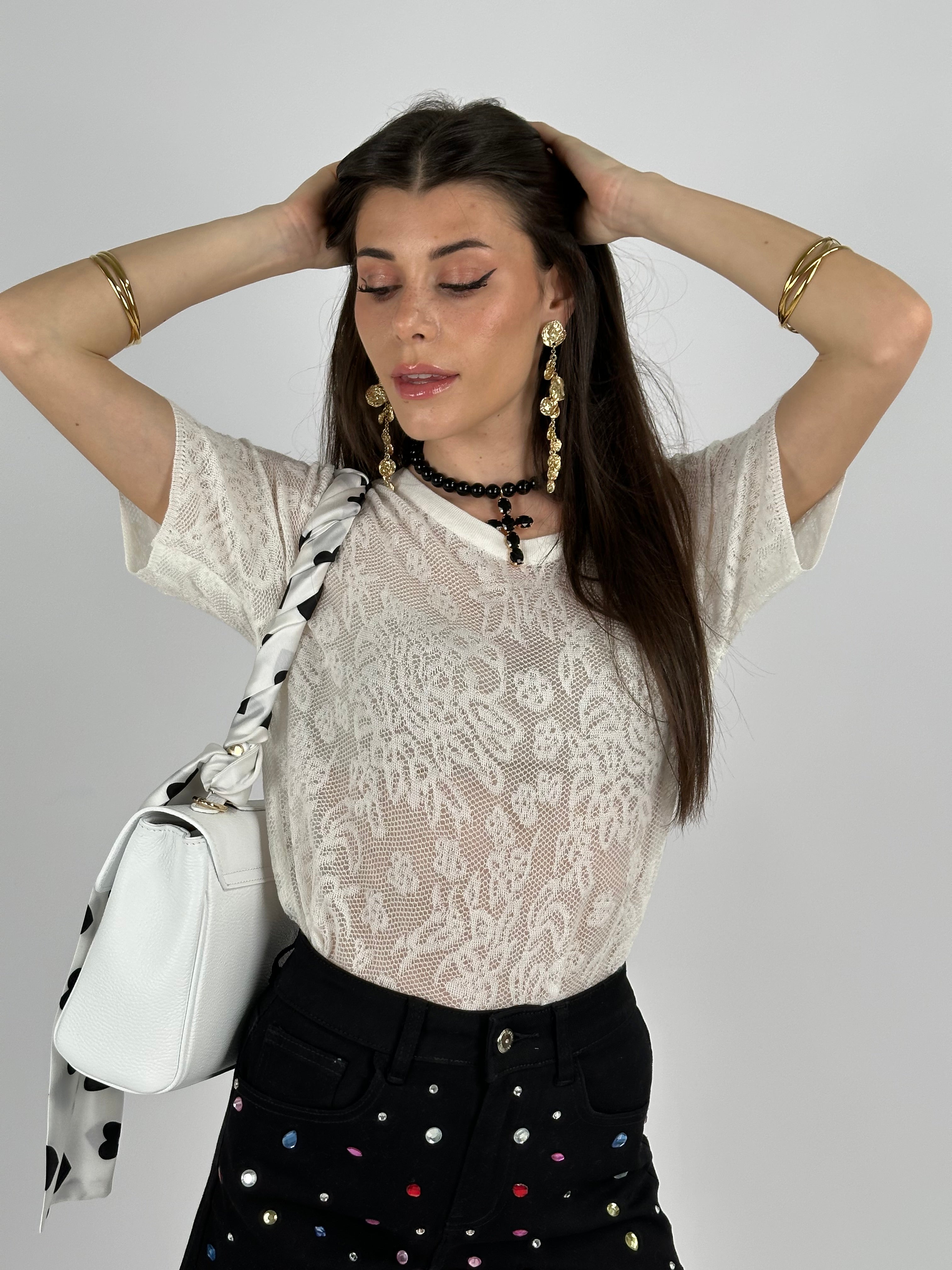Maglia T-shirt pizzo traforata bianco