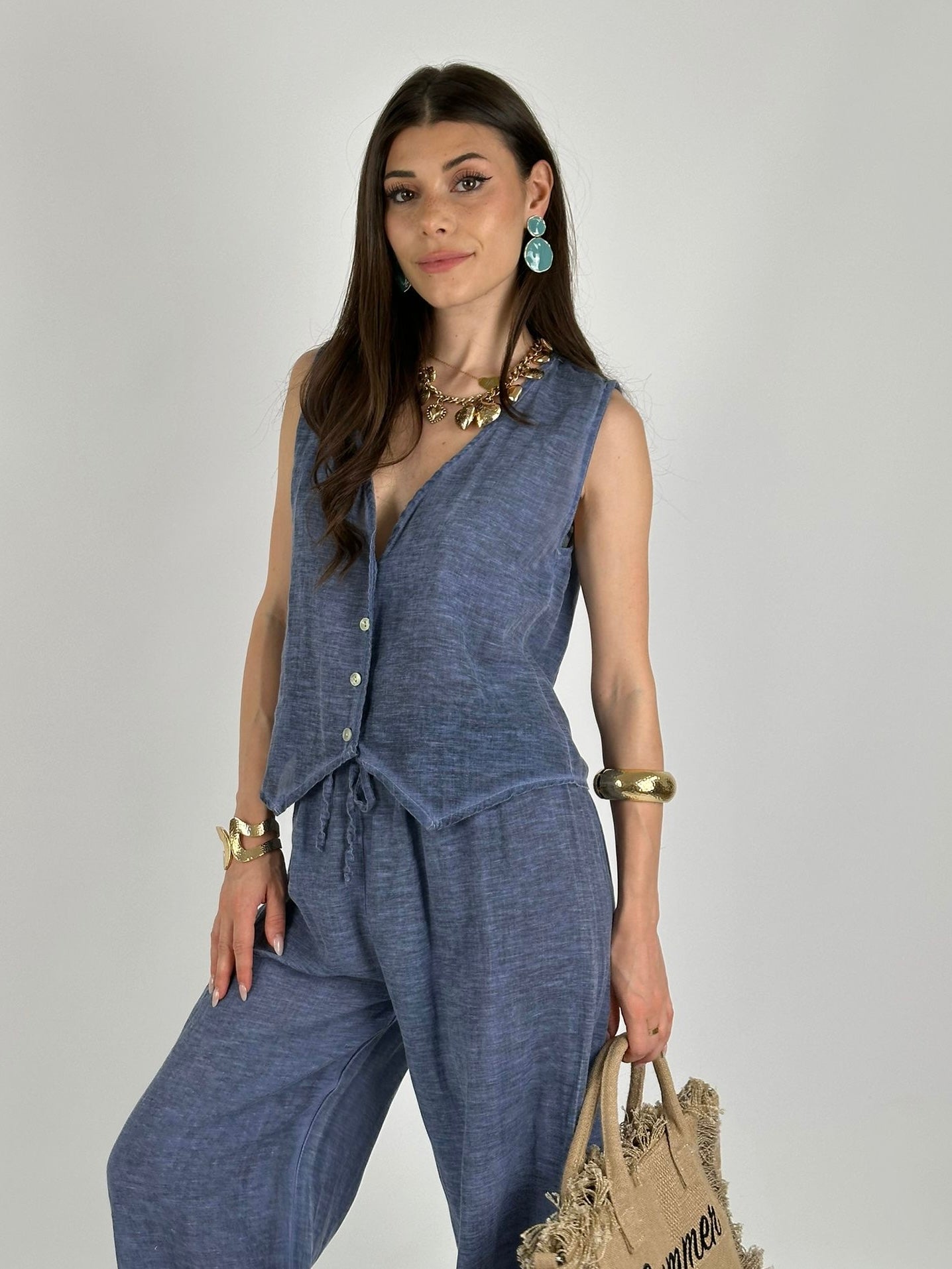 Completo cotone e lino gilet blu