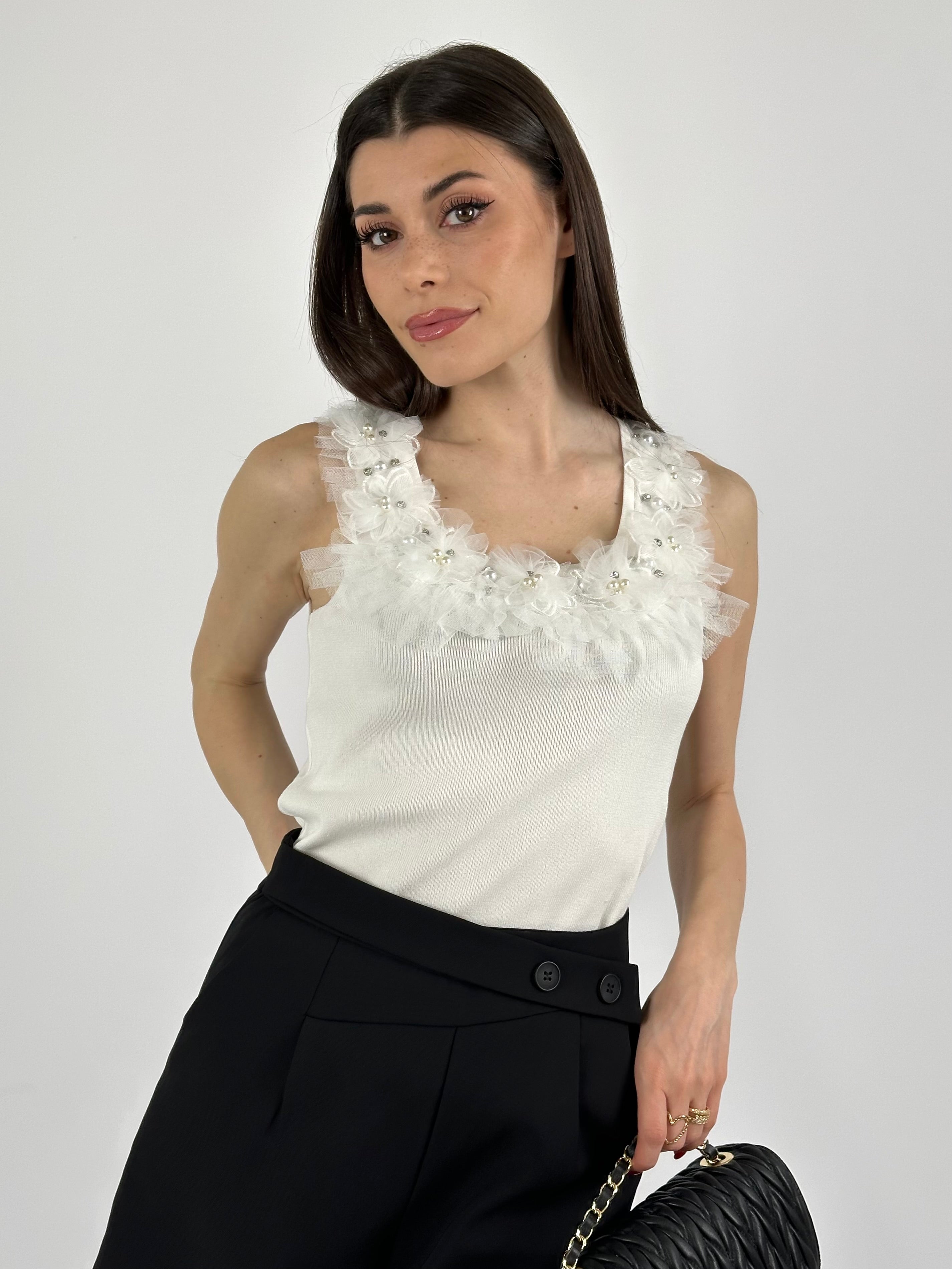 Top in cotone con ricami e tulle premium rosa