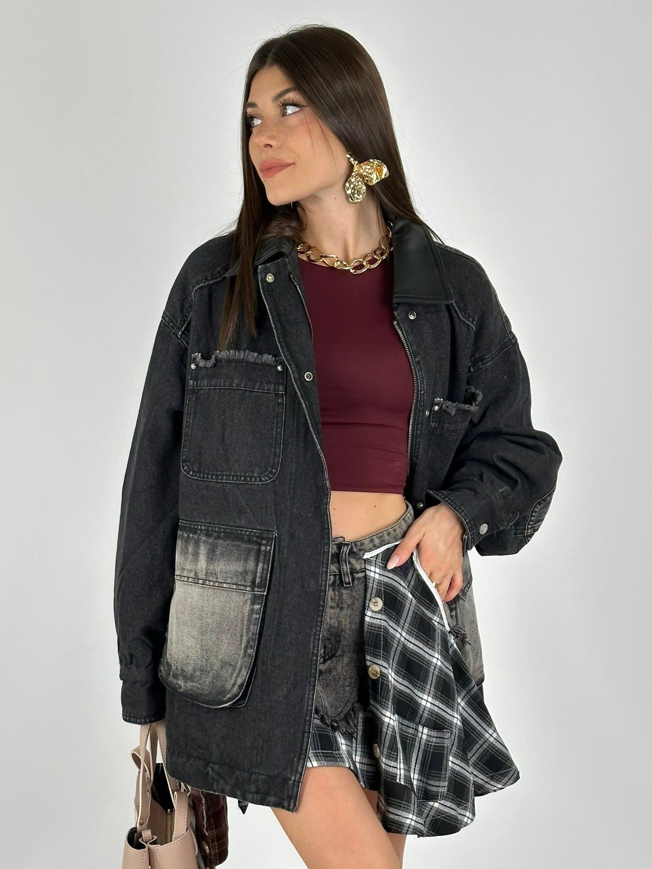 Giubbino denim inserti ecopelle