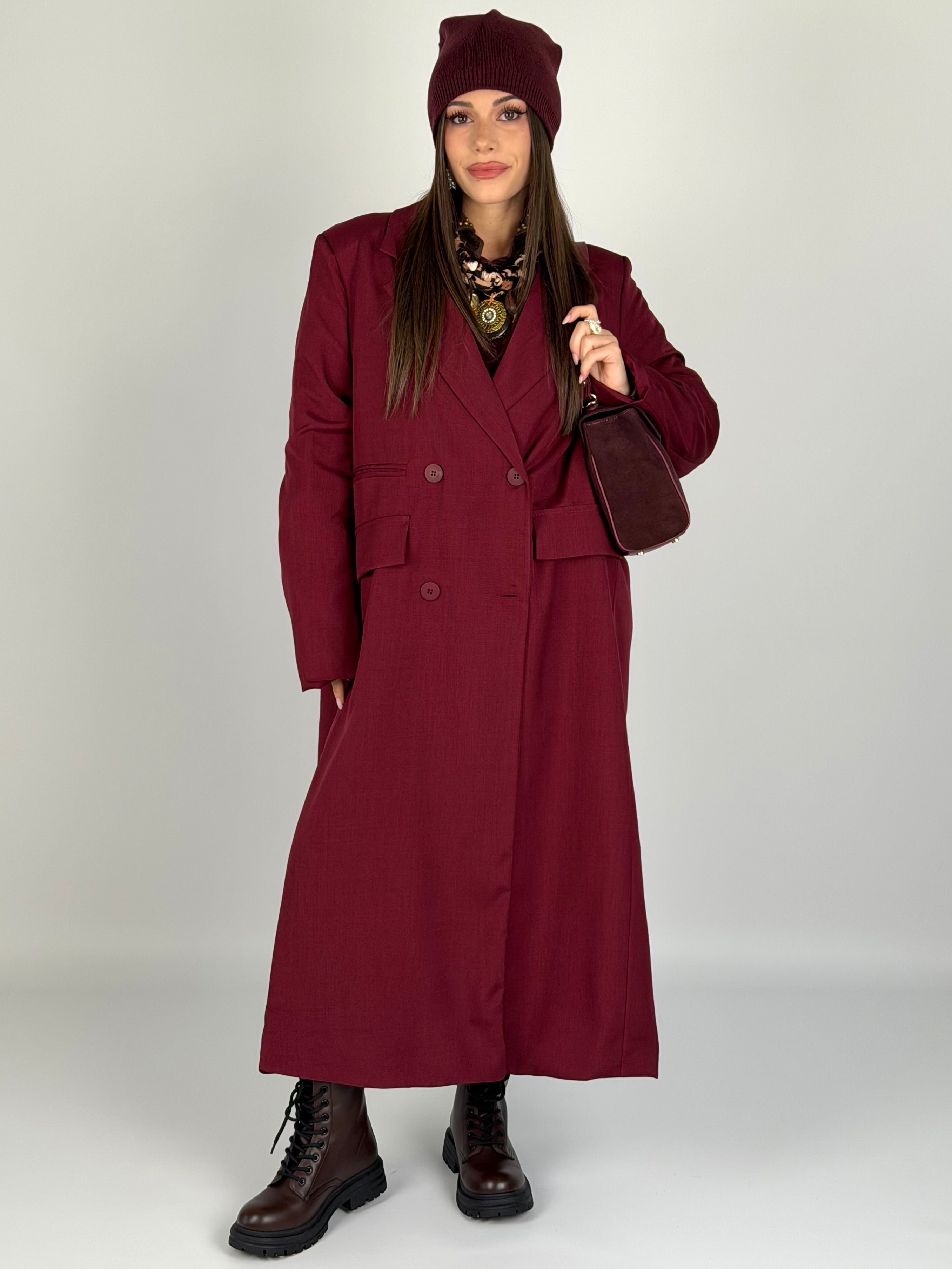 Cappotto lungo doppio petto bordeaux