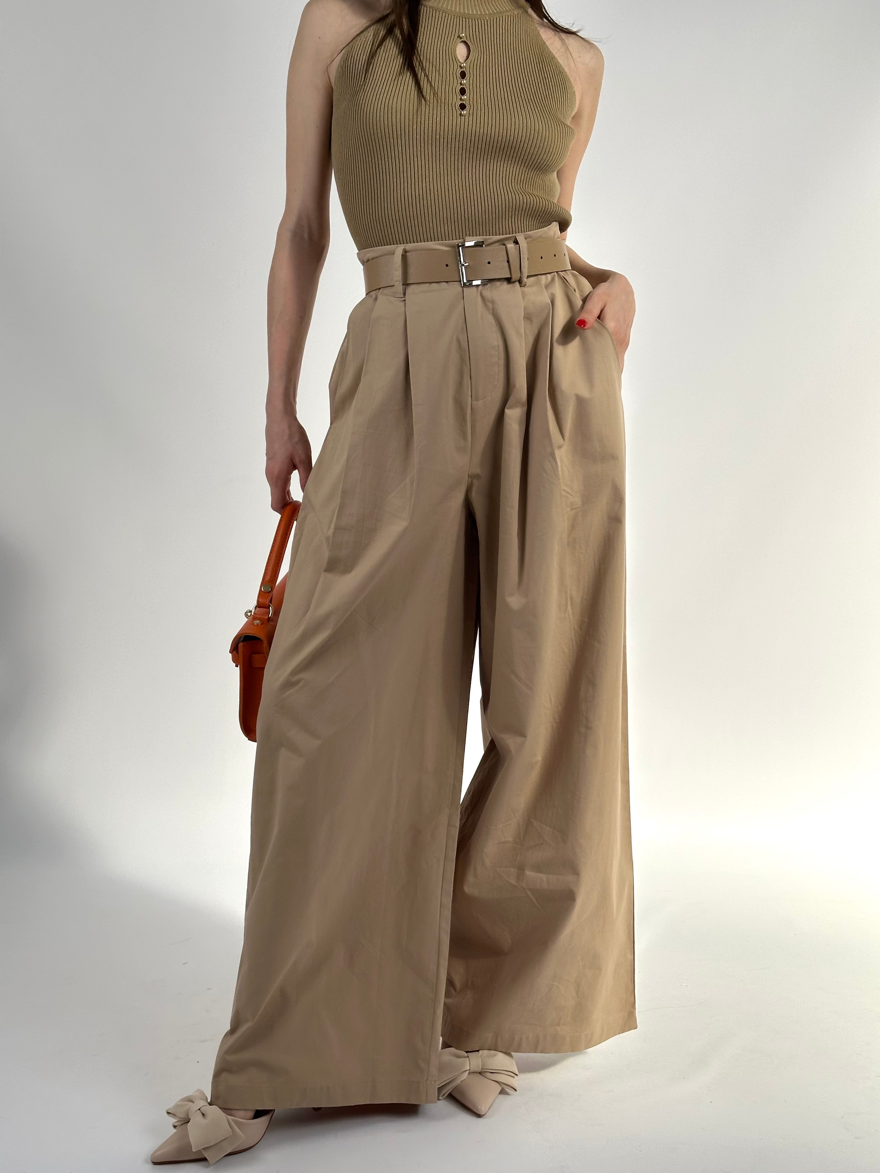 Pantalone in viscosa con cintura tabacco