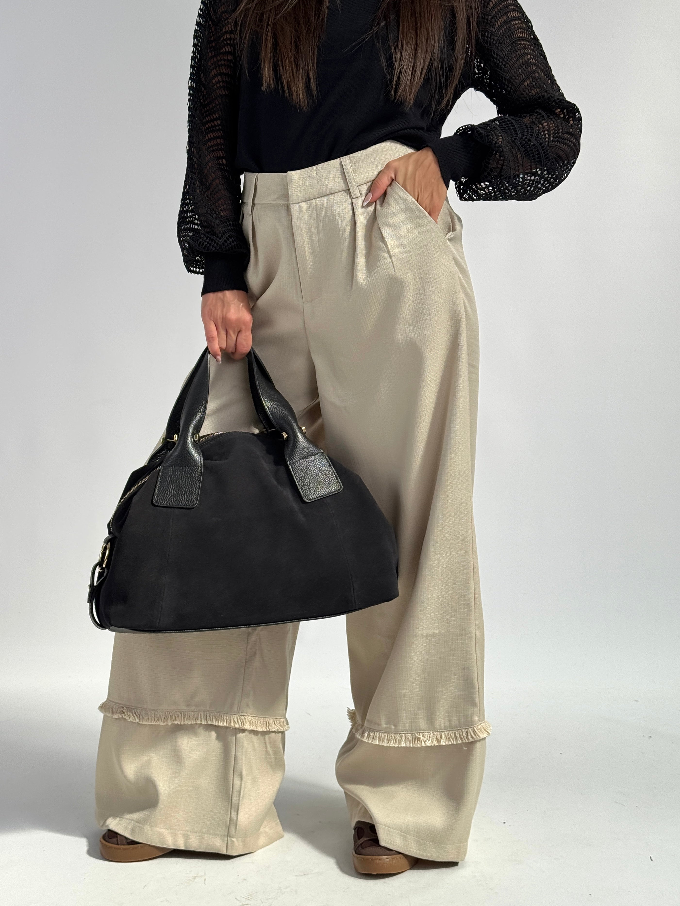 Pantalone risvolto sfrangiato beige