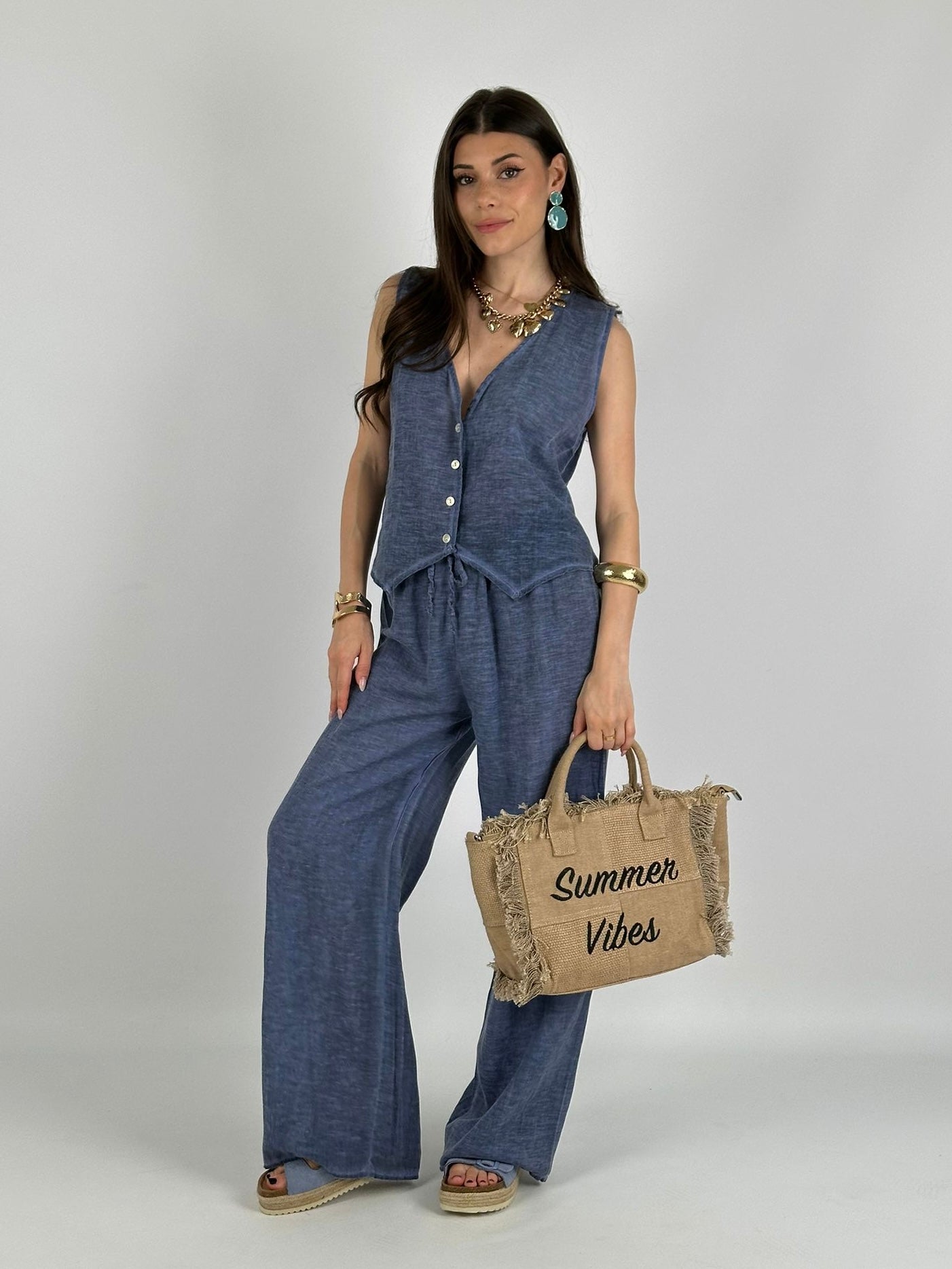 Completo cotone e lino gilet blu