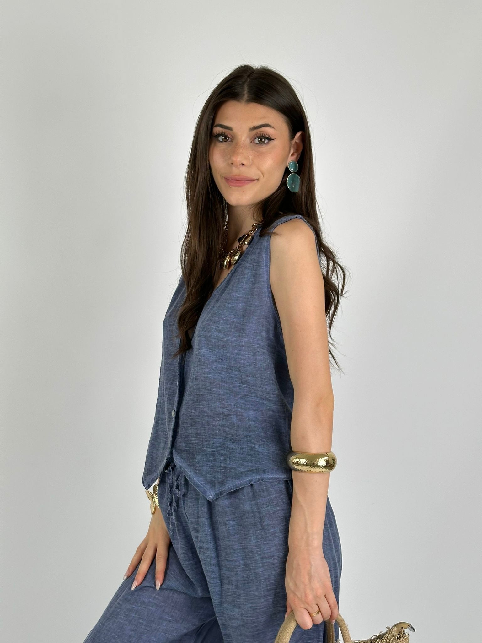 Completo cotone e lino gilet blu