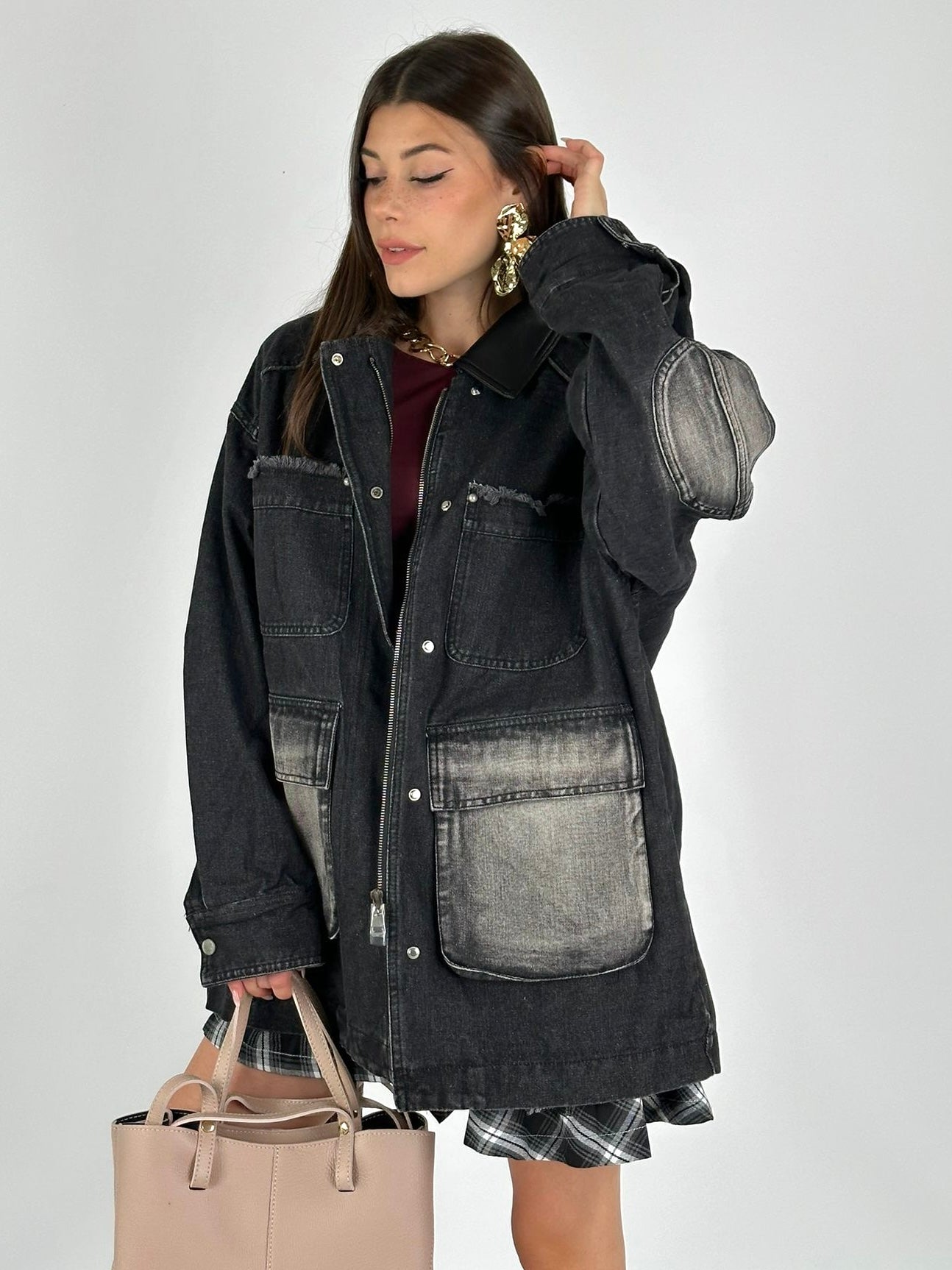 Giubbino denim inserti ecopelle