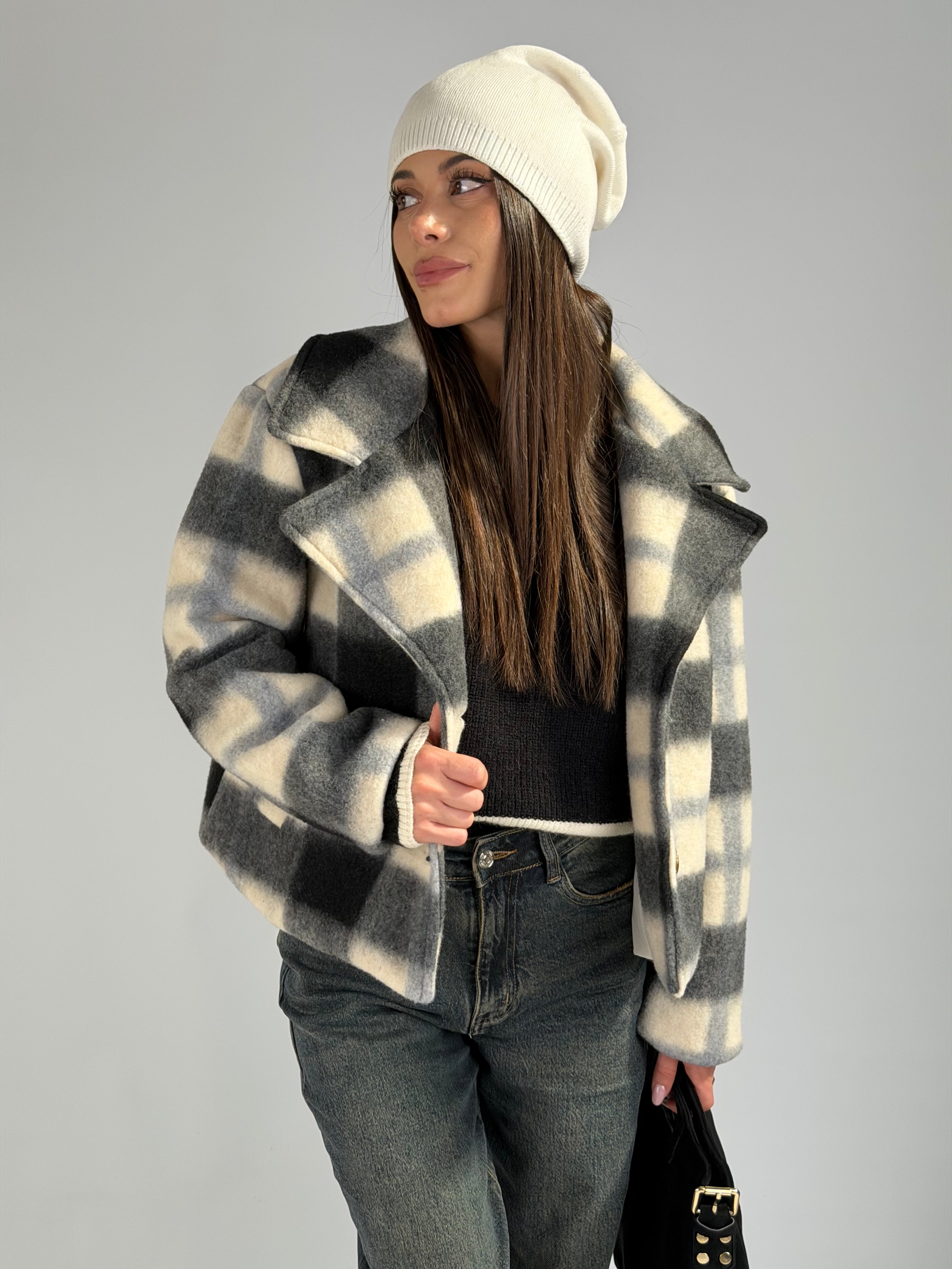 cappotto check in panno nero