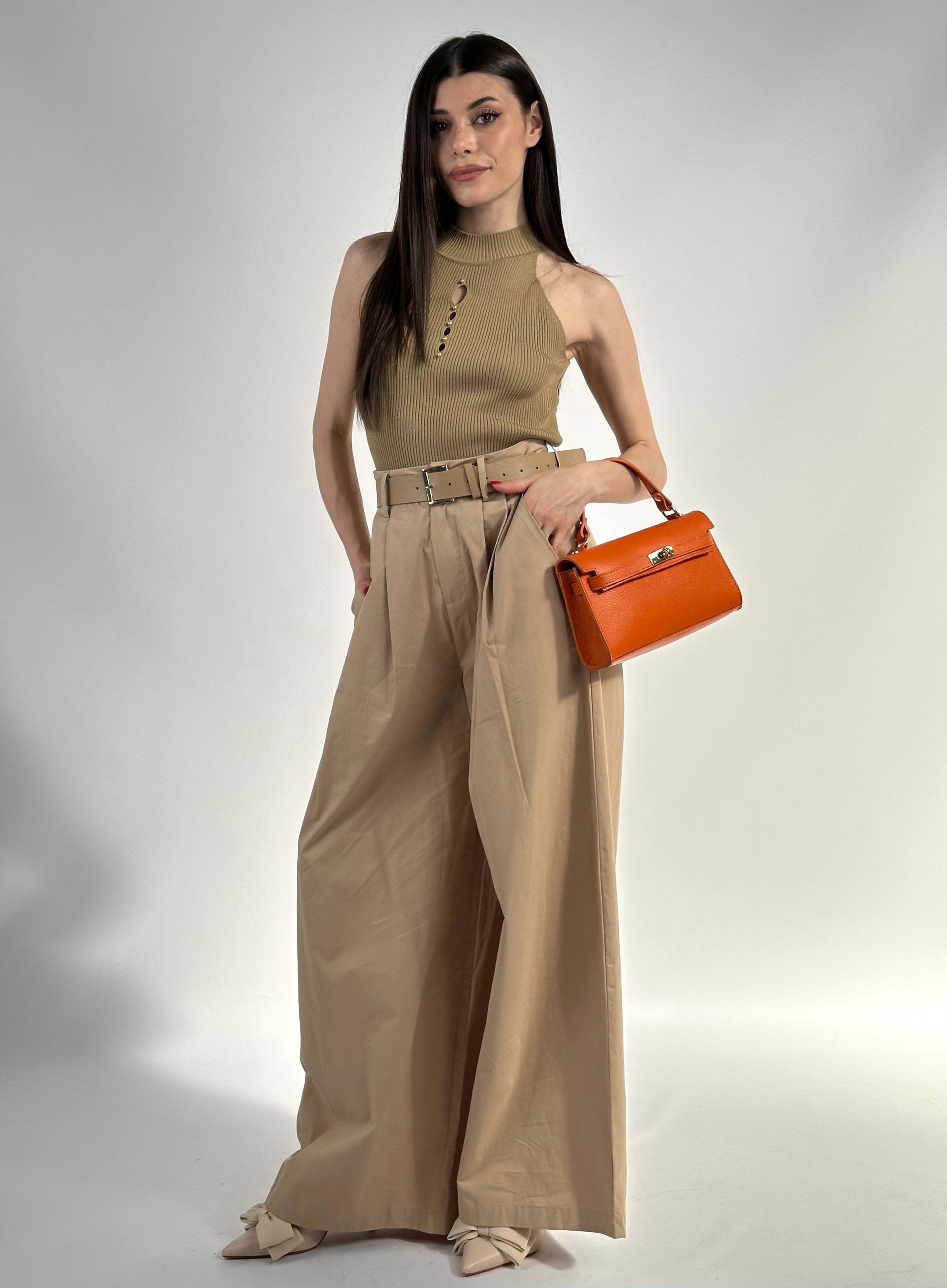 Pantalone in viscosa con cintura tabacco