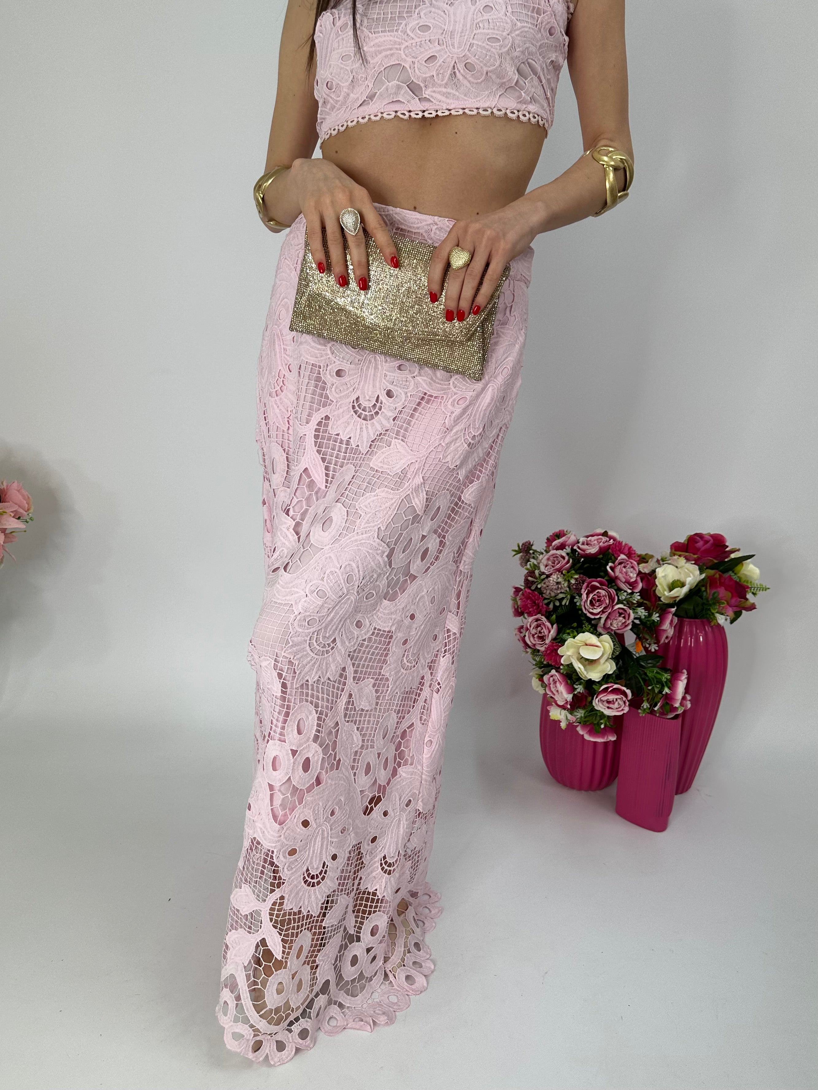 Completo in pizzo top+gonna rosa