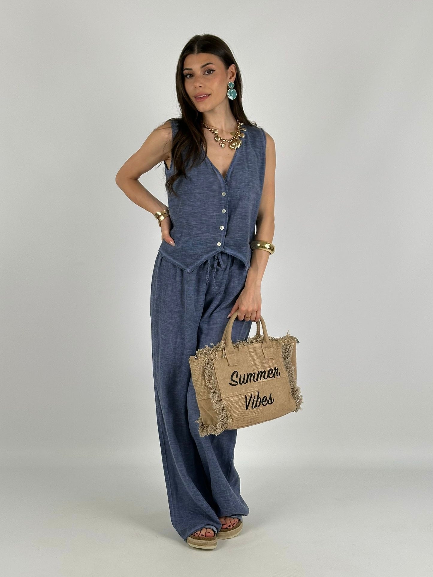 Completo cotone e lino gilet blu