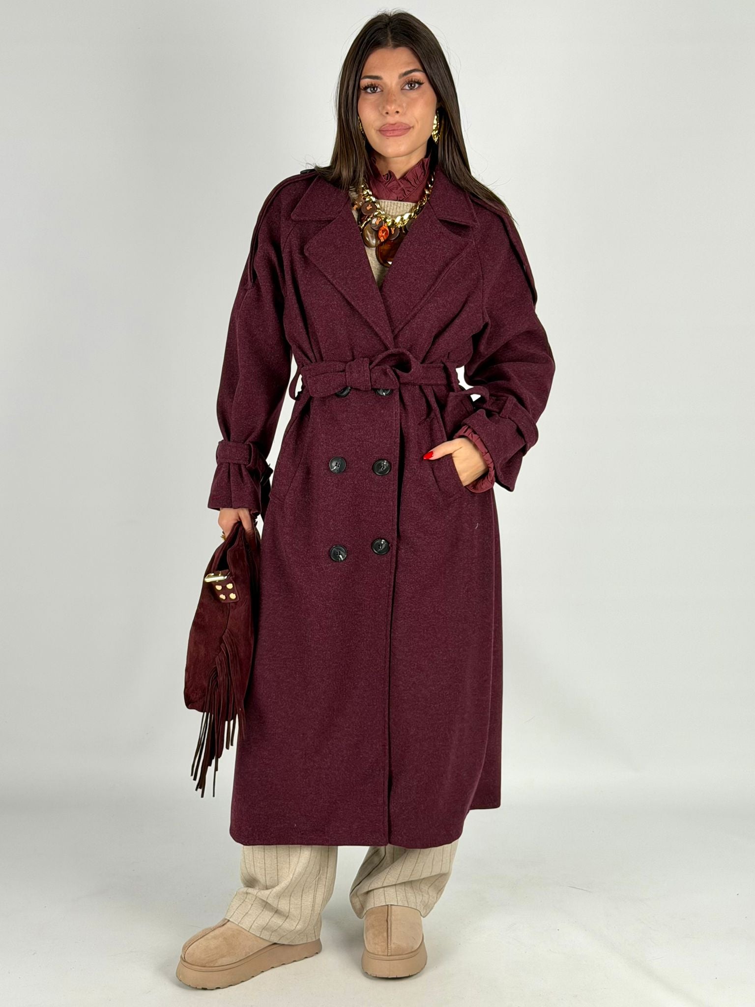 Maxi cappotto fiocco bordeaux