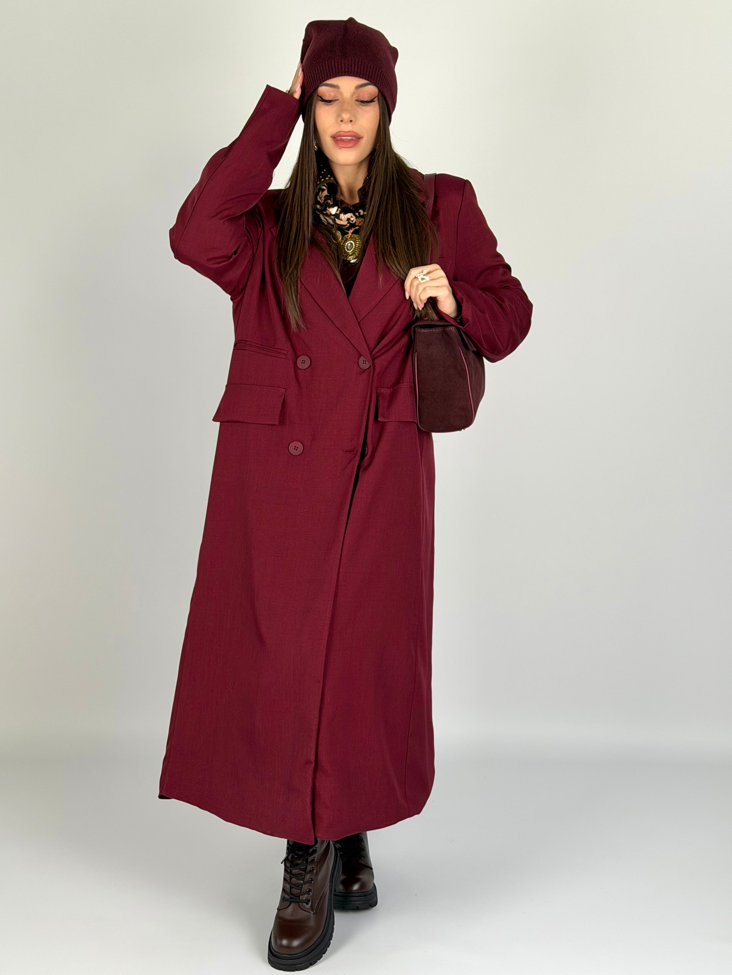 Cappotto lungo doppio petto bordeaux