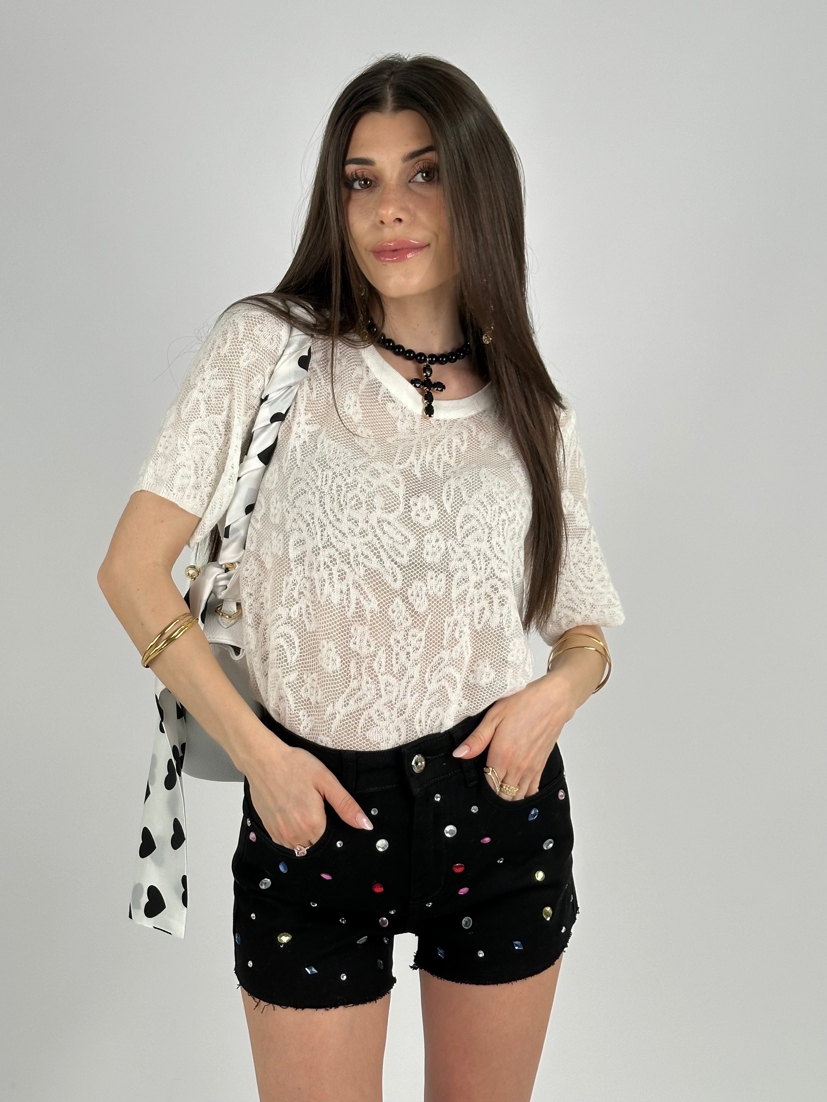 Maglia T-shirt pizzo traforata bianco