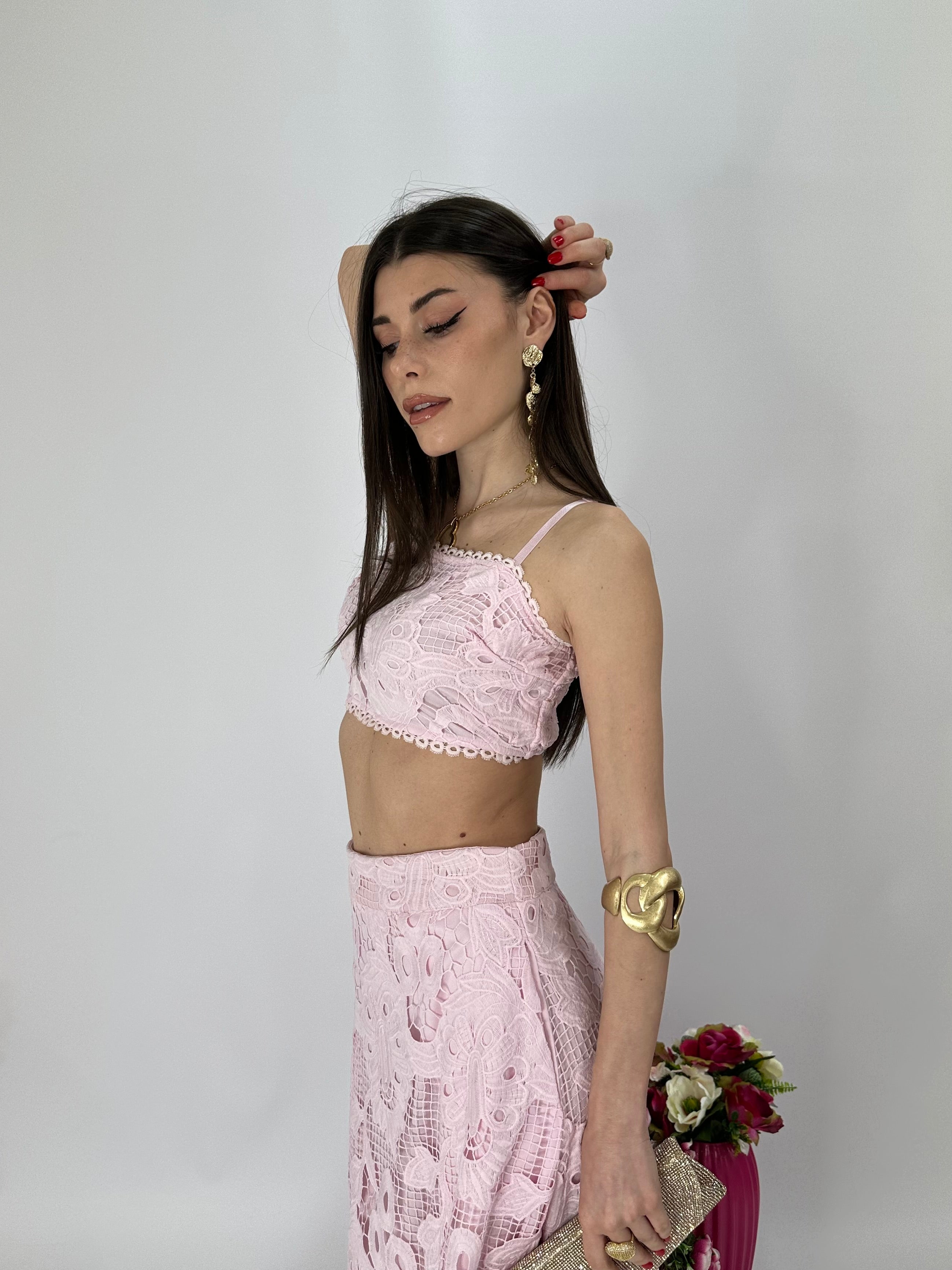 Completo in pizzo top+gonna rosa