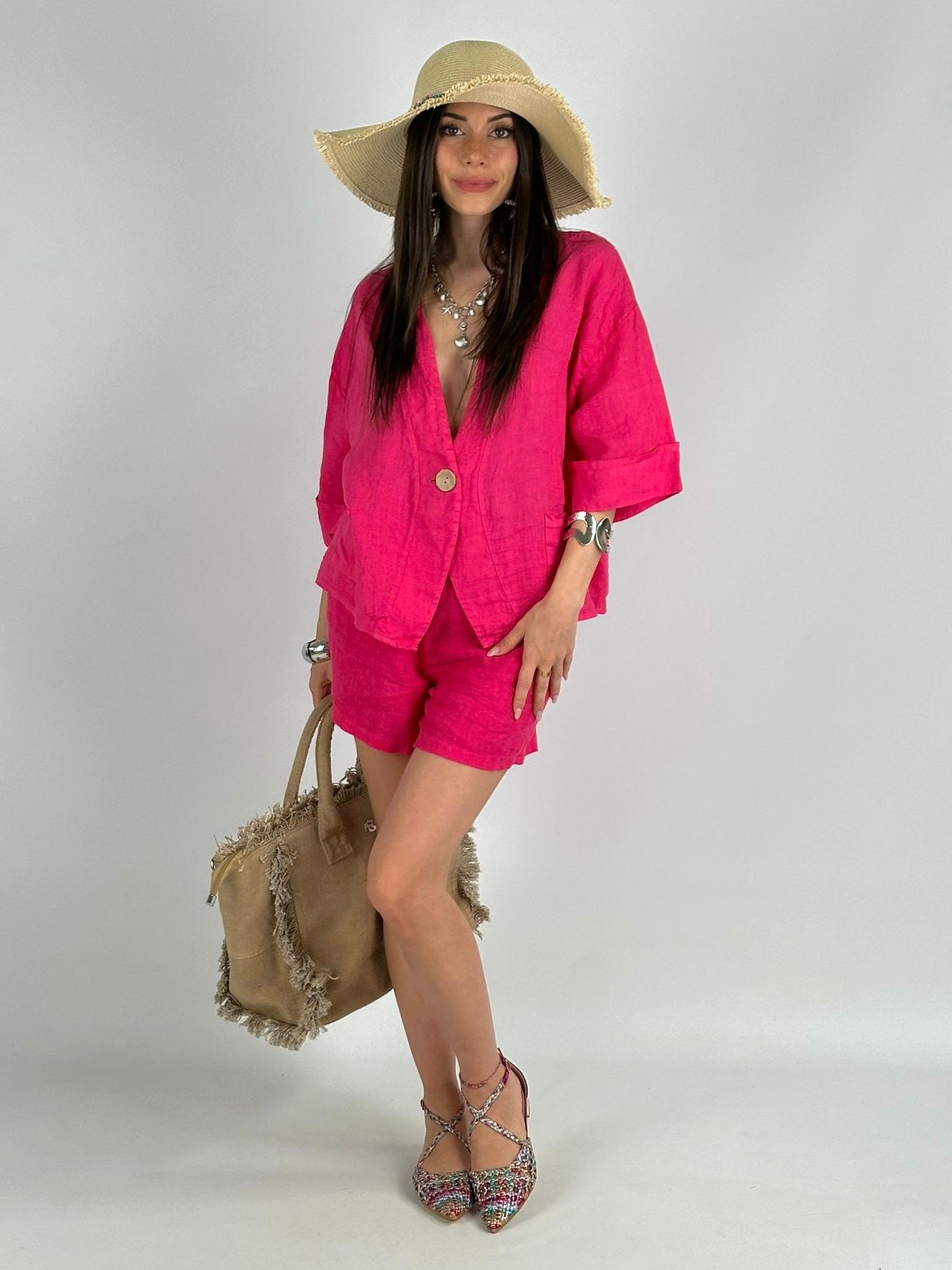 Short completo 100% Lino Cagliari fucsia