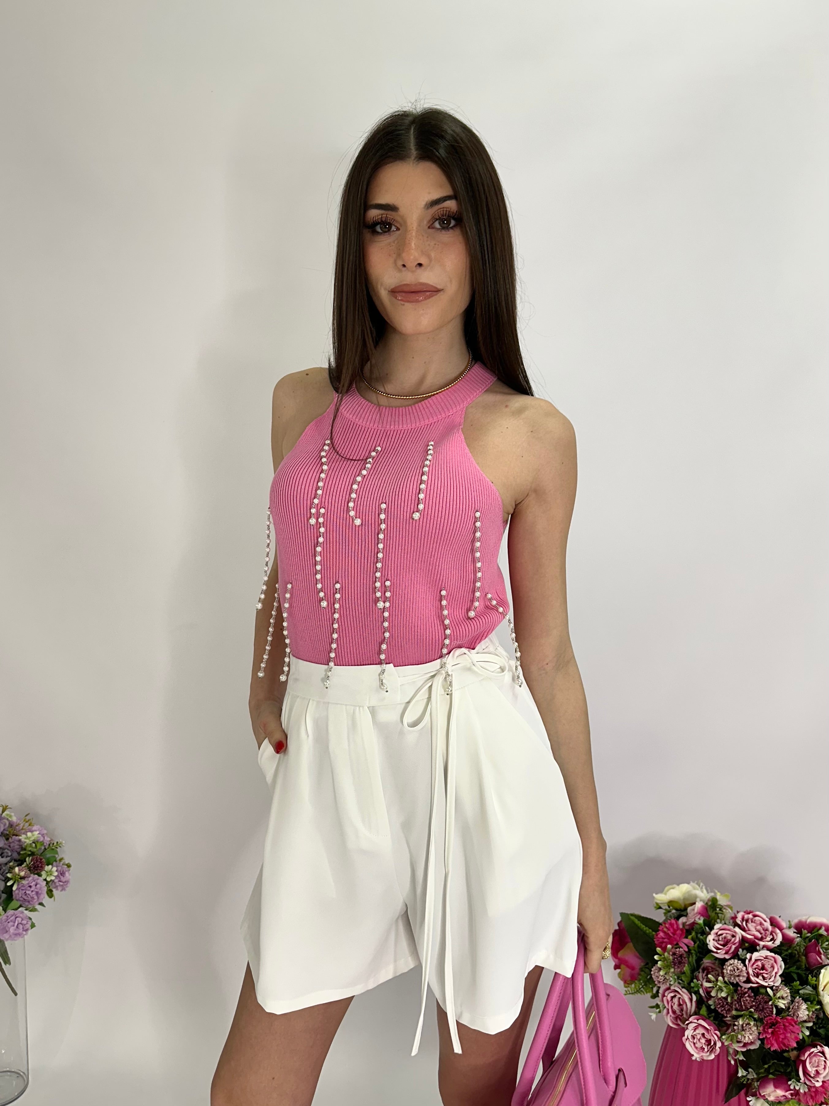 Top costine con perle rosa