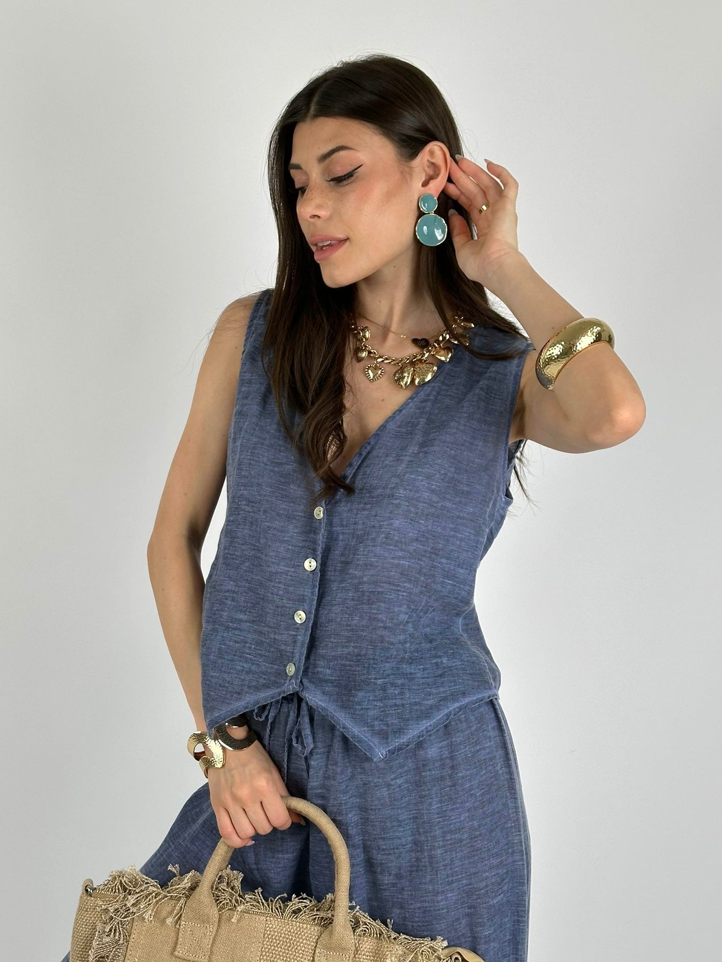 Completo cotone e lino gilet blu