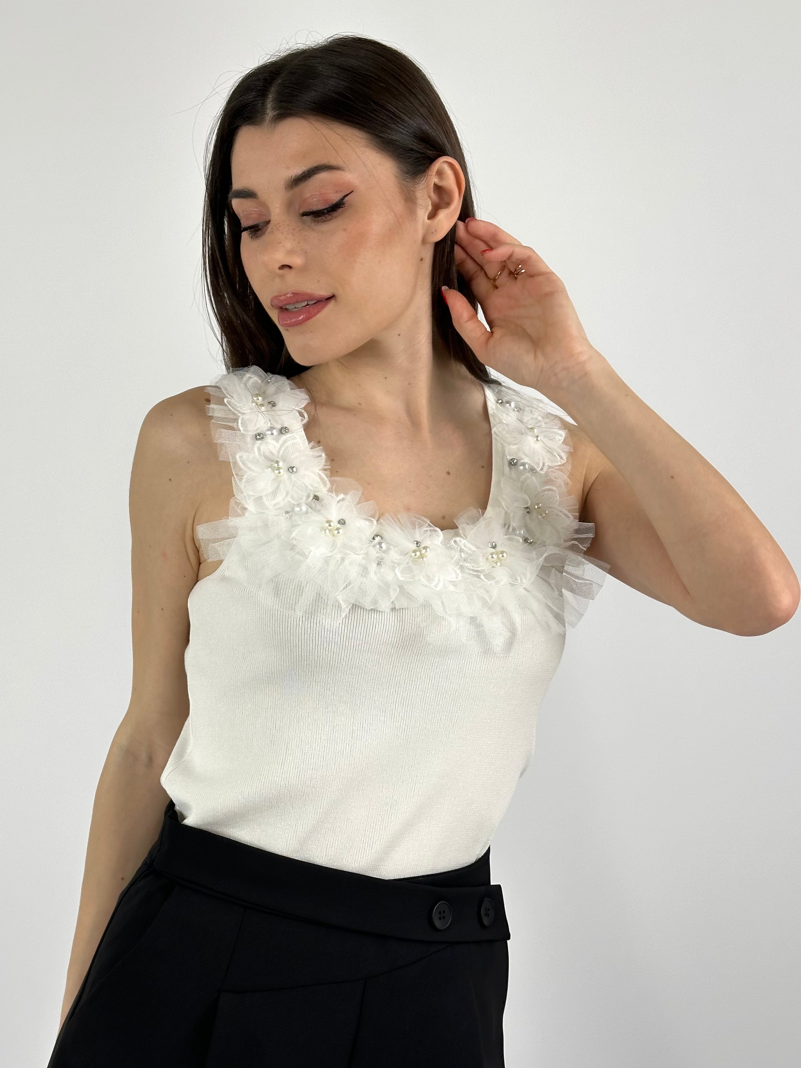 Top in cotone con ricami e tulle premium rosa