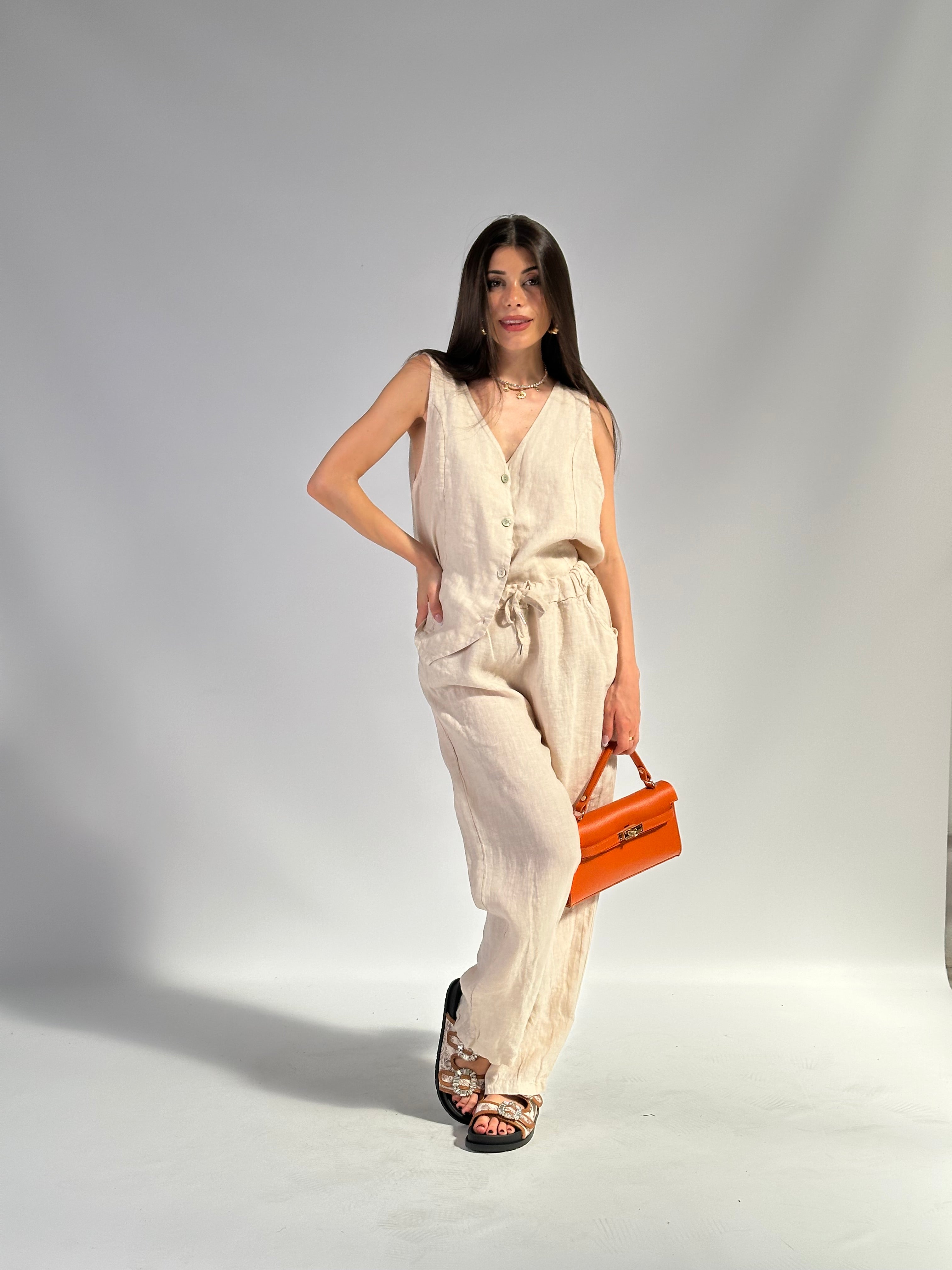 Completo 100% lino gilet+pantalone Premium Beige