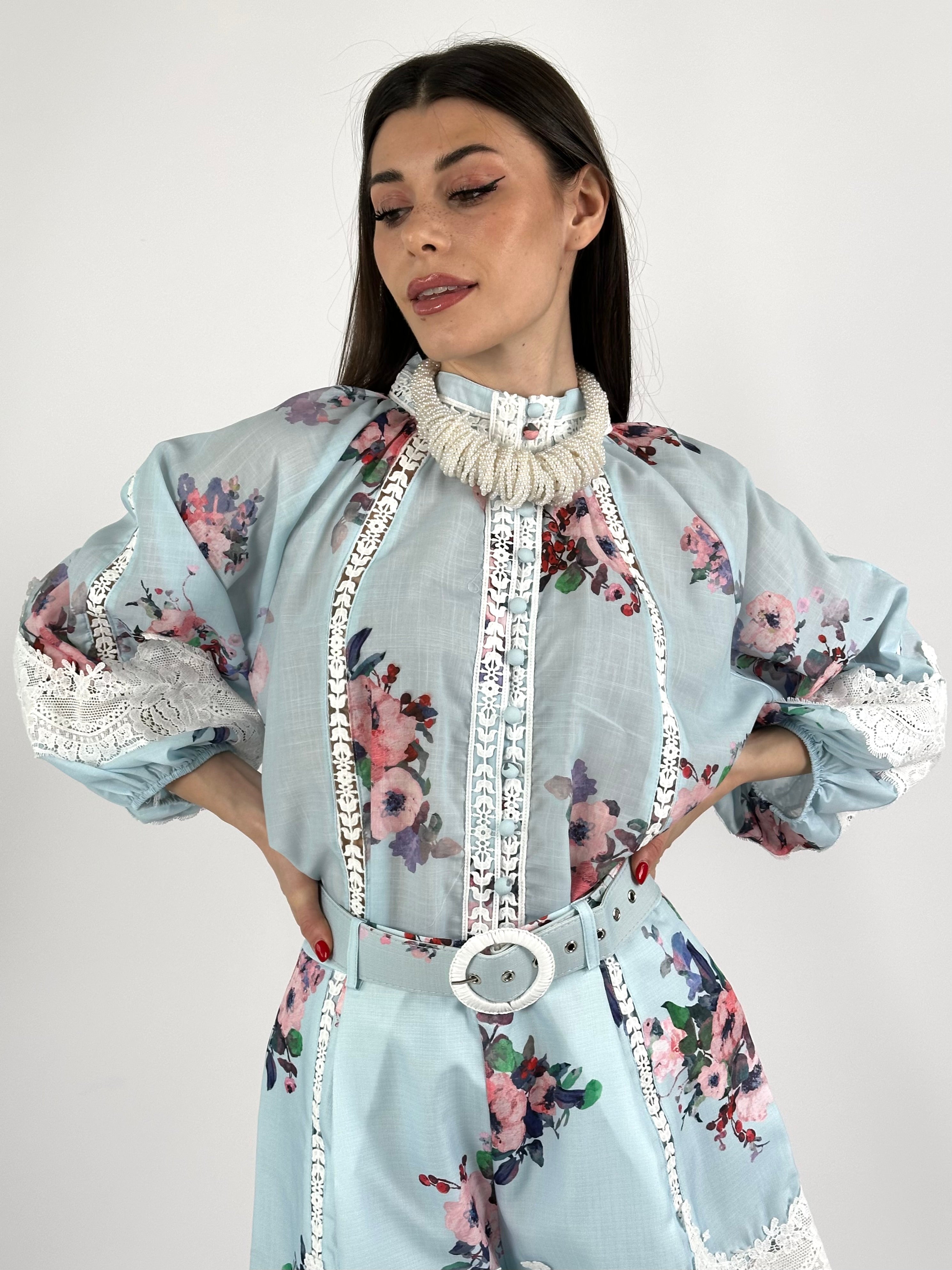 Camicia pizzo e cotone premium celeste