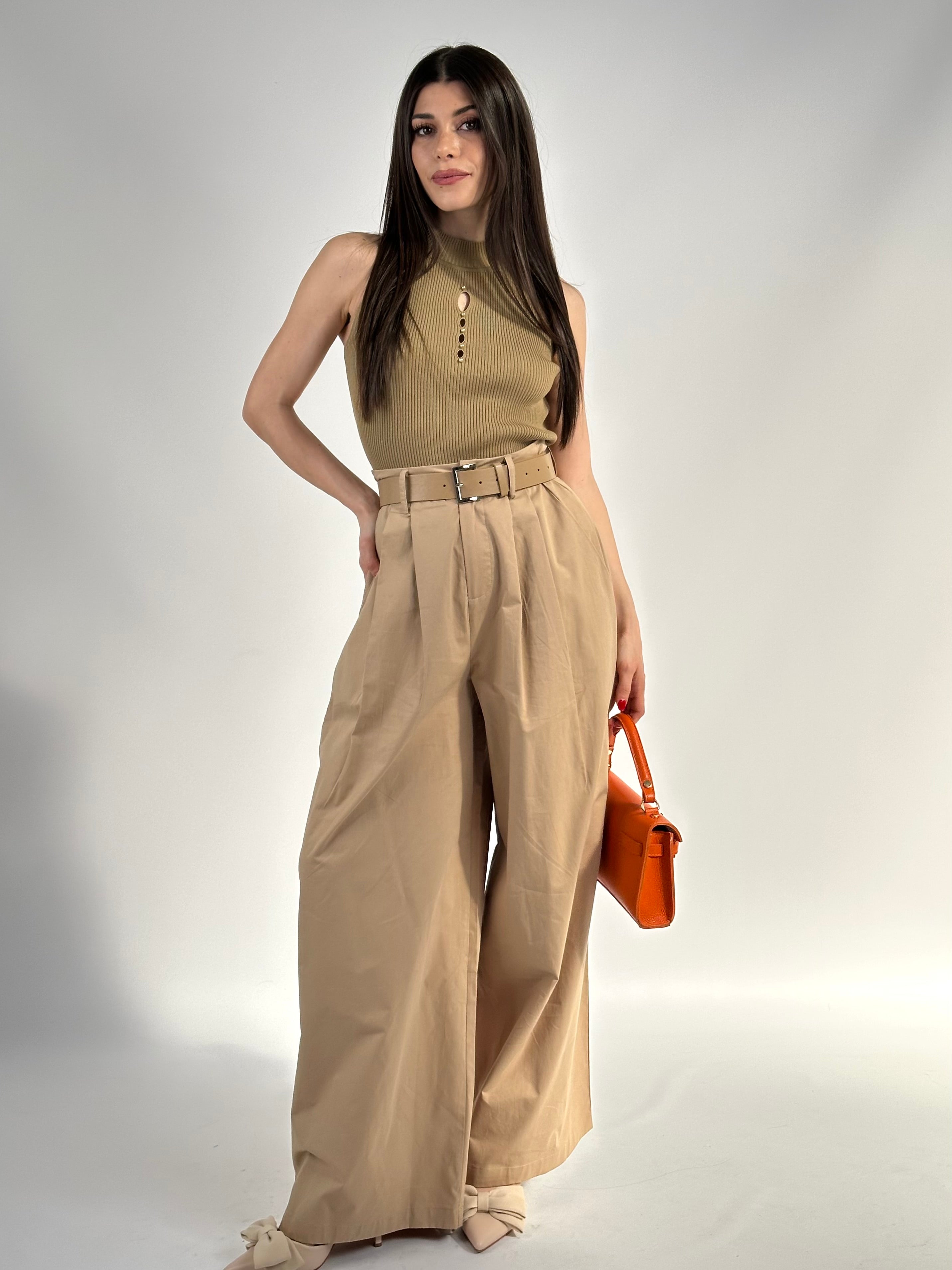 Pantalone in viscosa con cintura tabacco