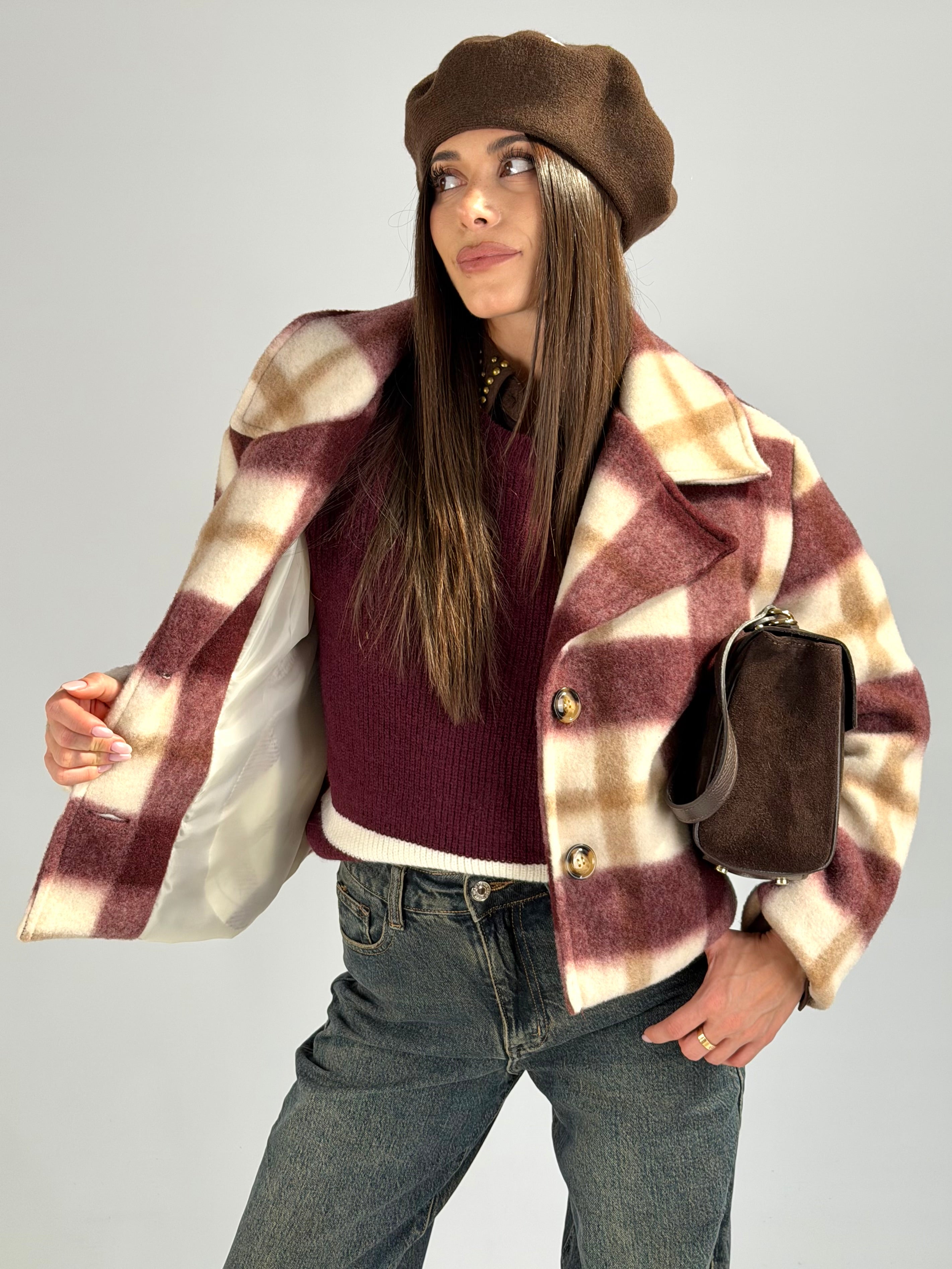 cappotto check in panno bordeaux