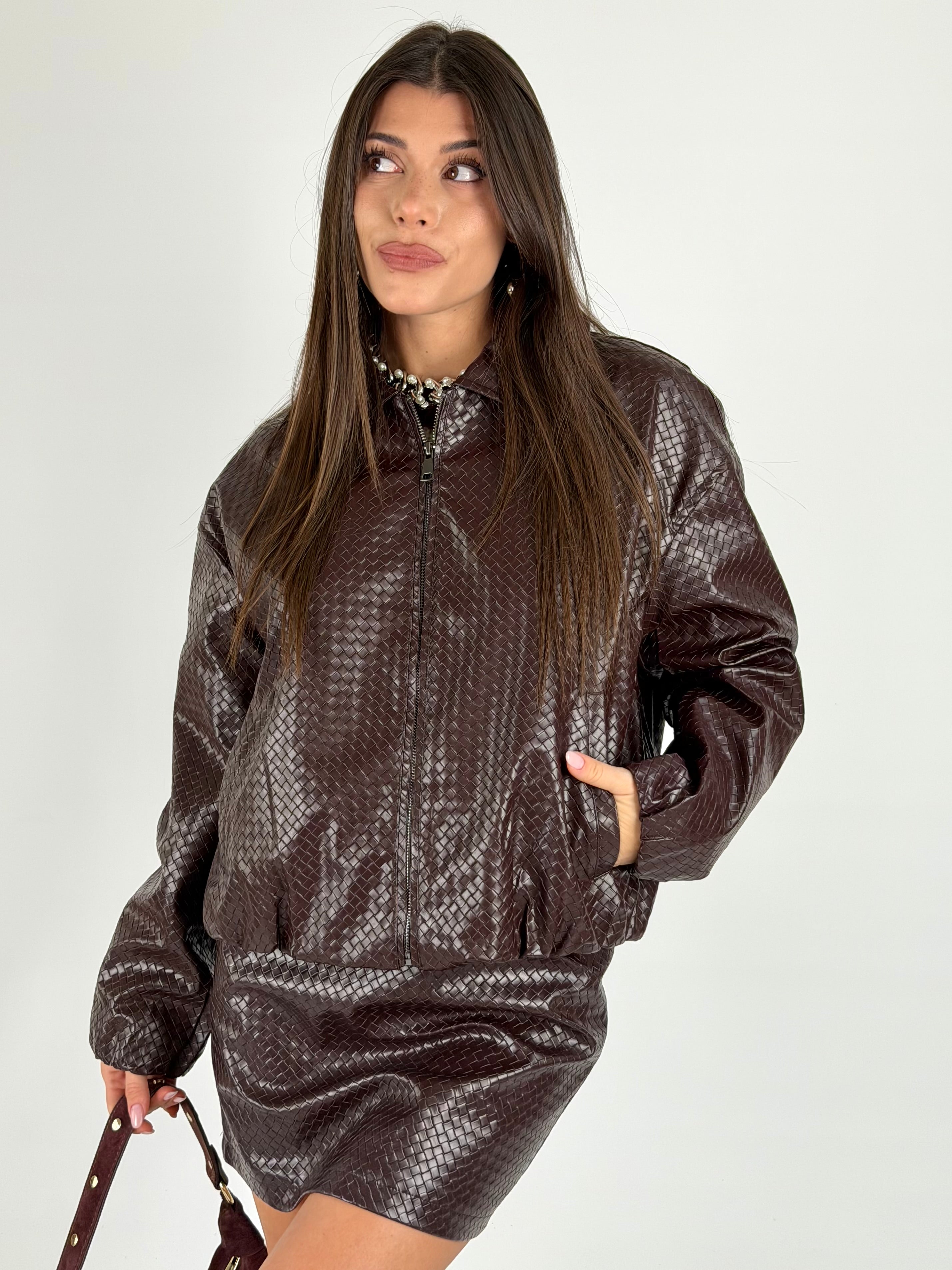 Bomber ecopelle intrecciato nero