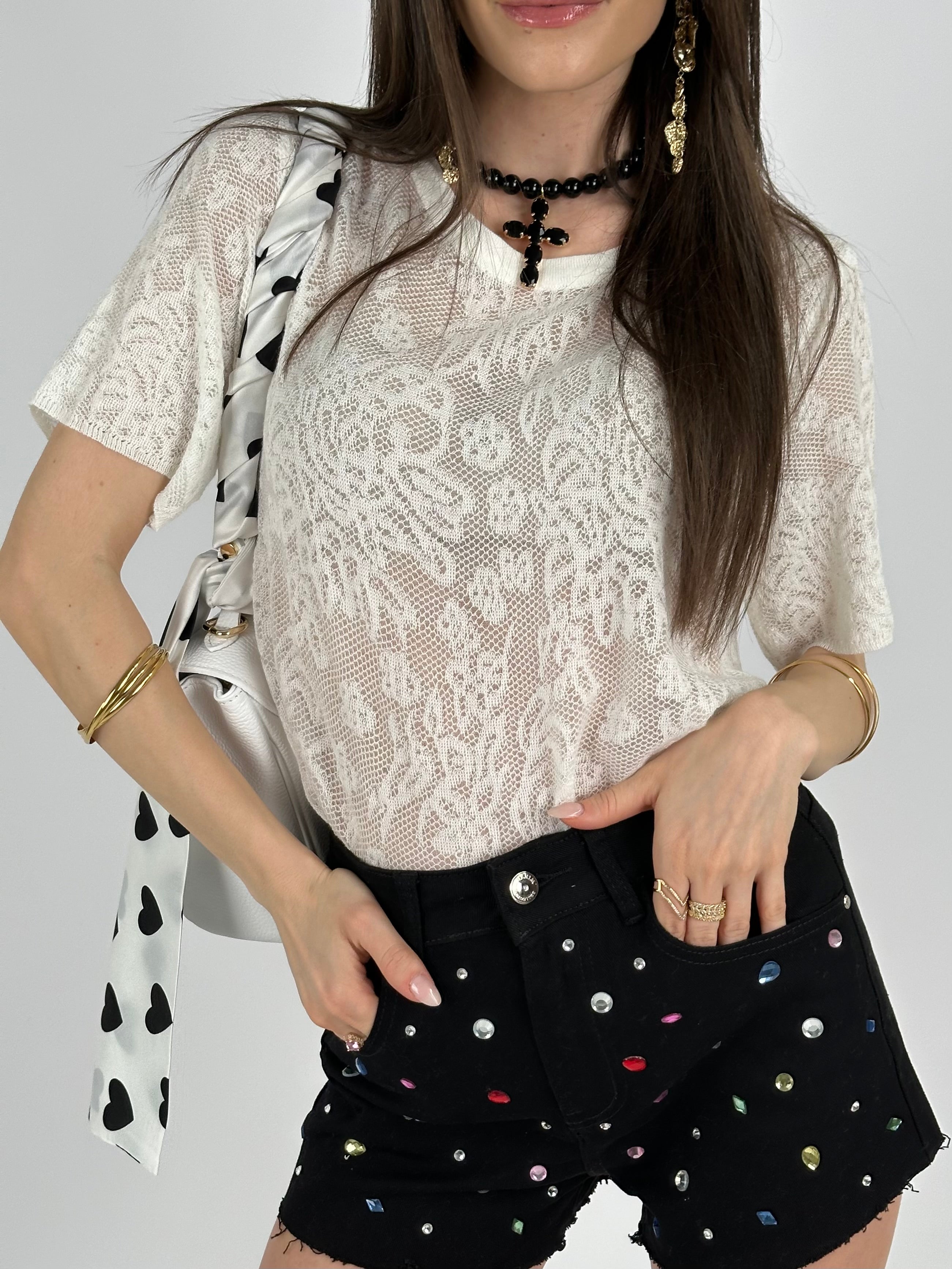 Maglia T-shirt pizzo traforata bianco