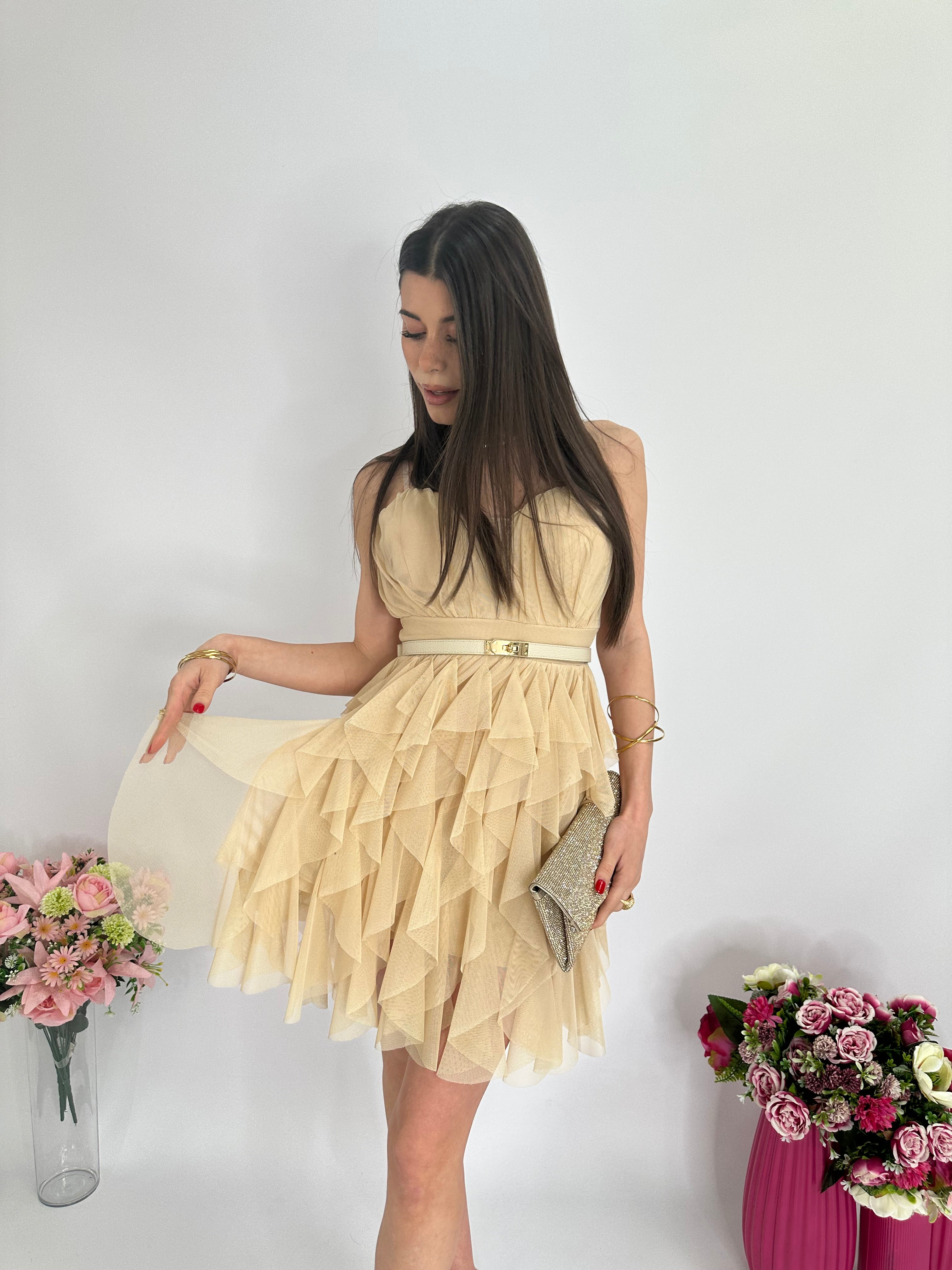 Abito cerimony in tulle beige