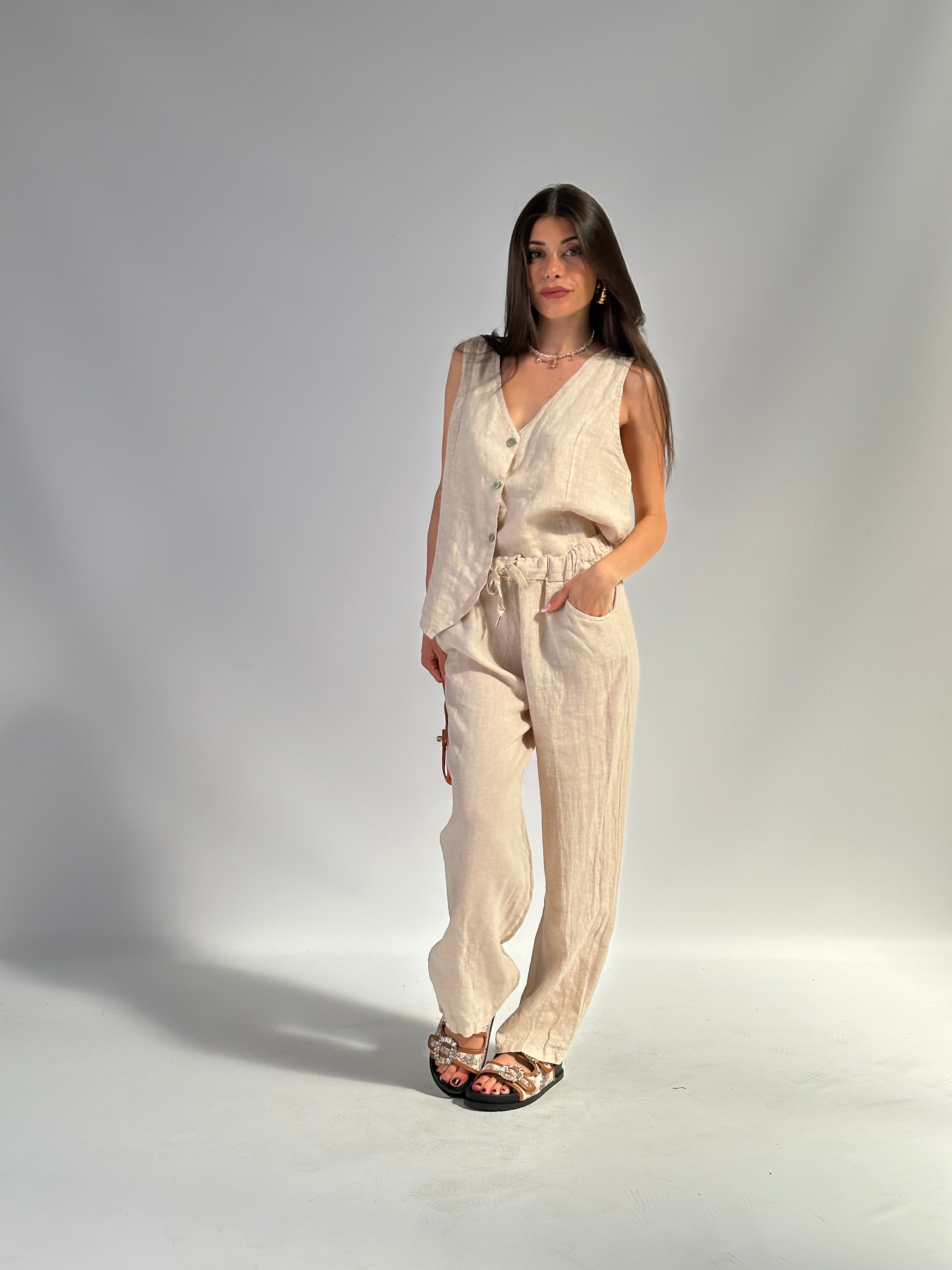 Completo 100% lino gilet+pantalone Premium Beige