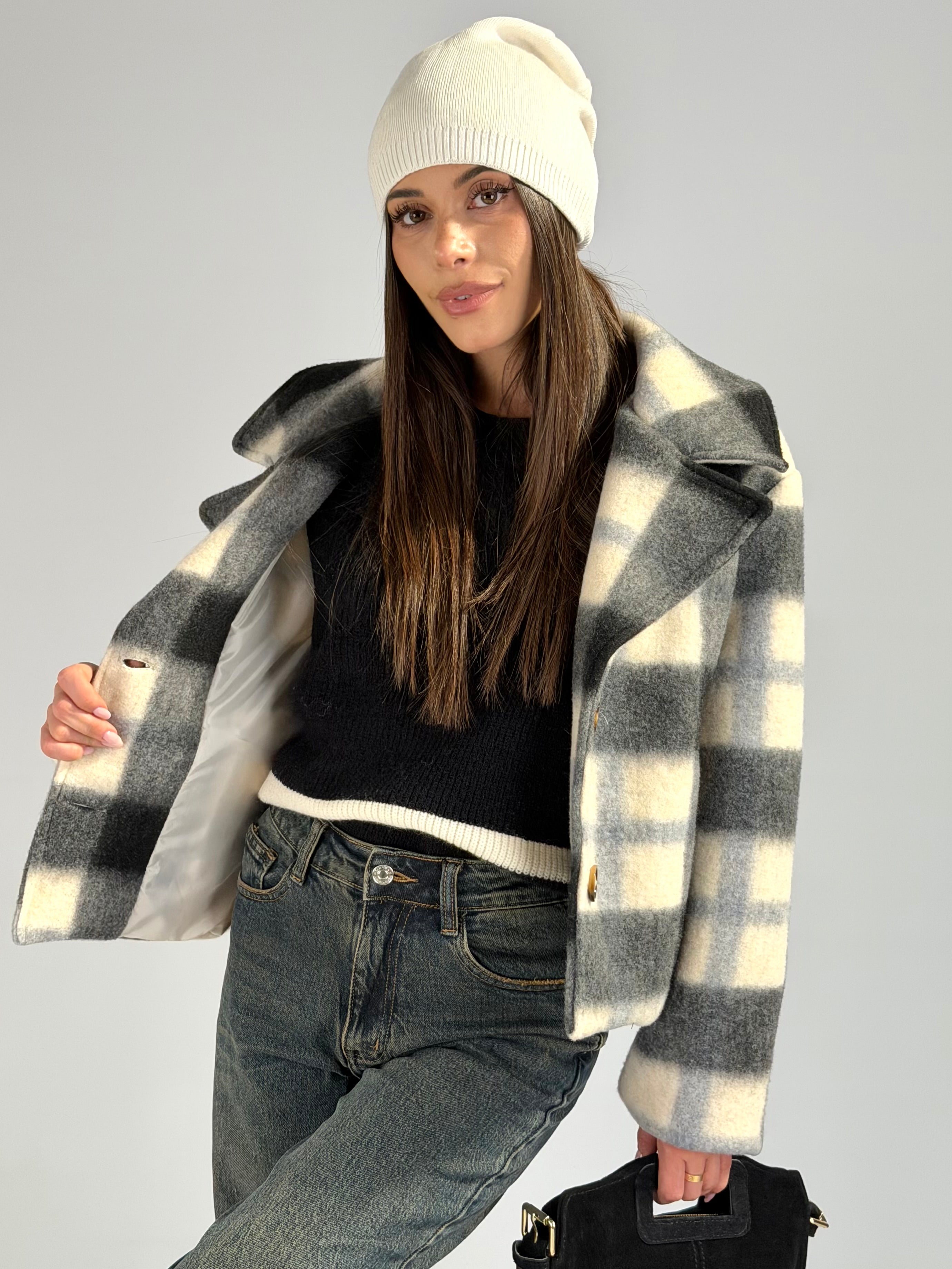 cappotto check in panno nero