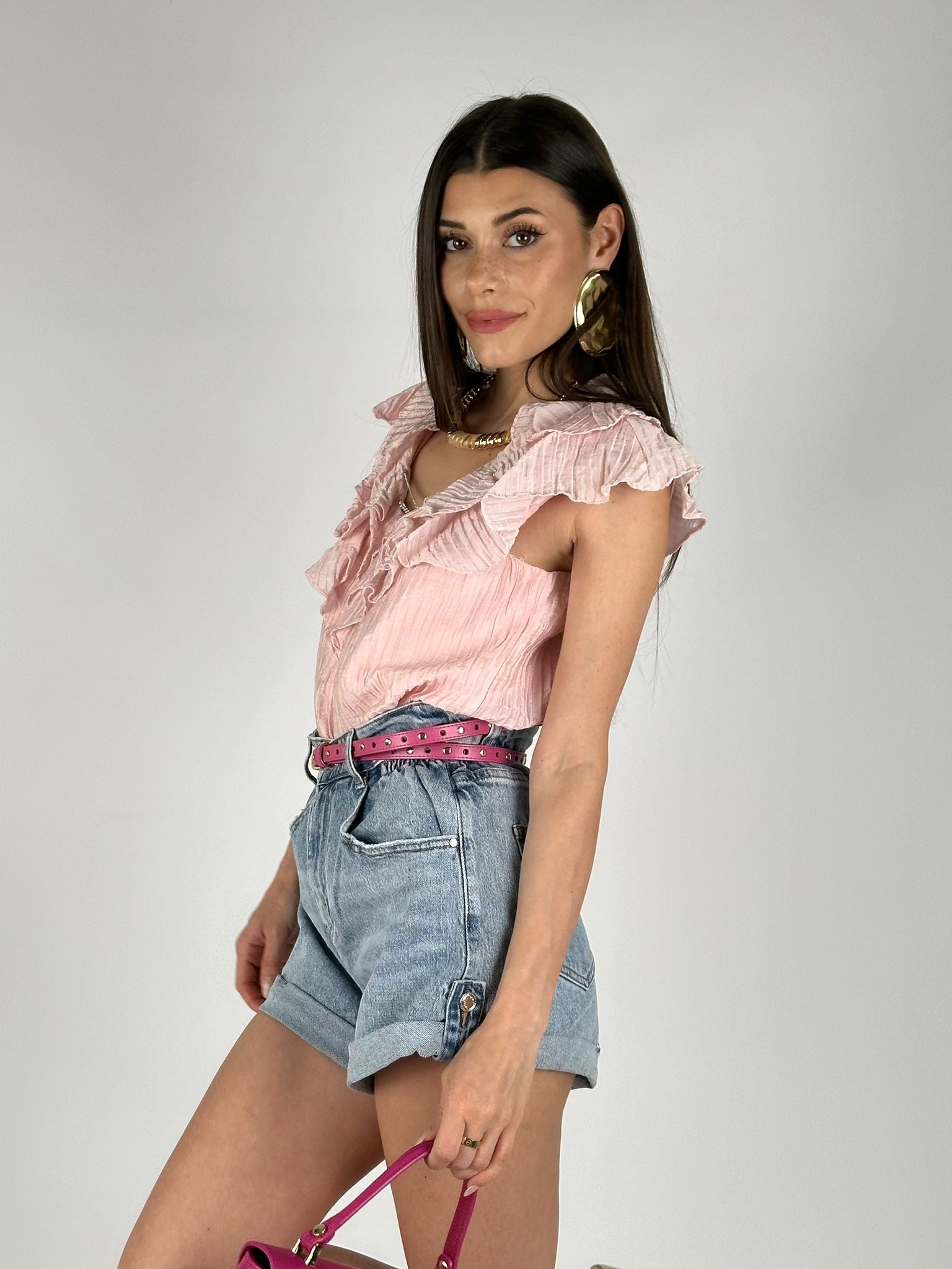 Camicia maniche volant e laccetto zirconato rosa