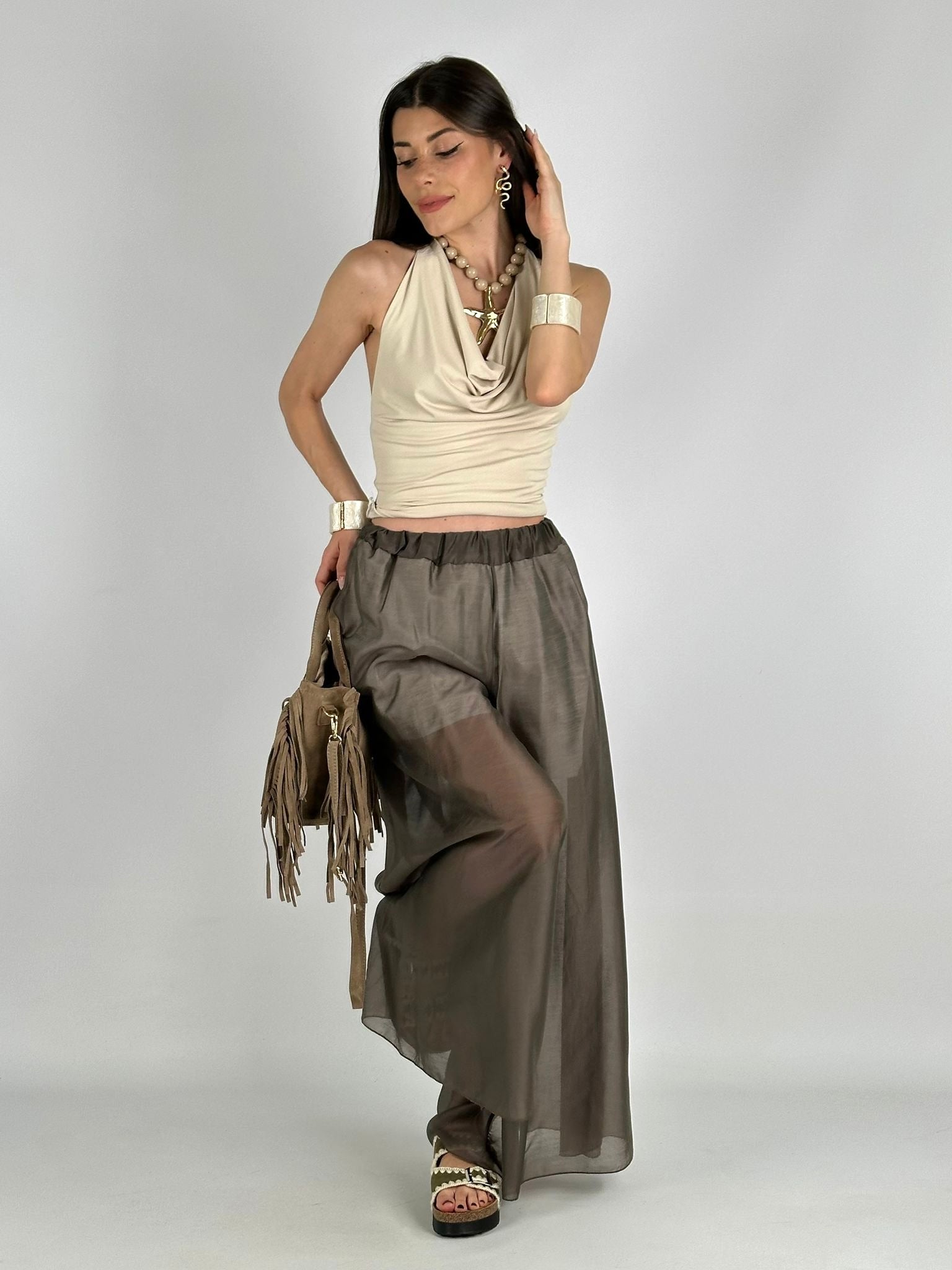 Top scollo V beige