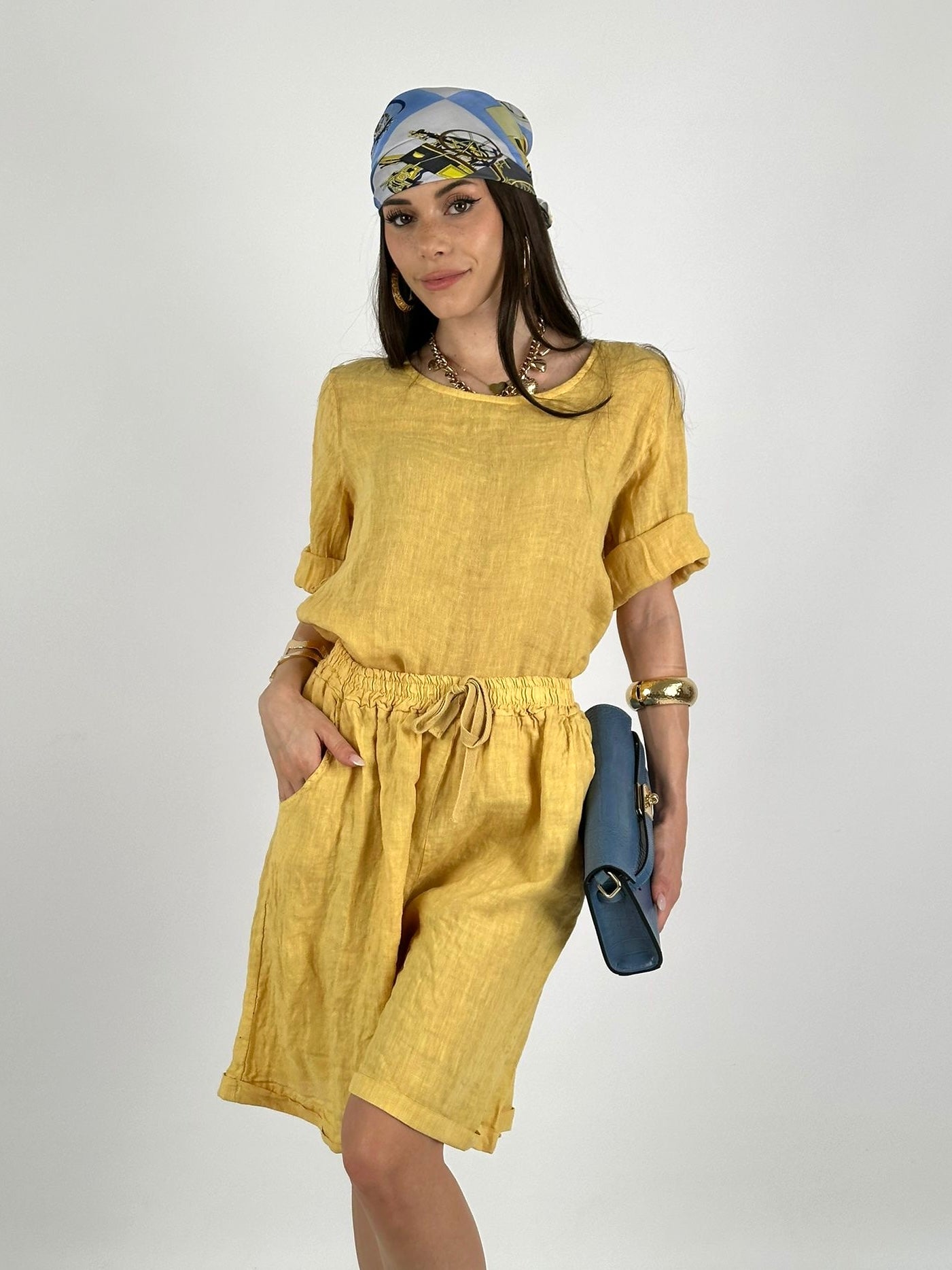 Camicia 100% Lino bottoni retro giallo