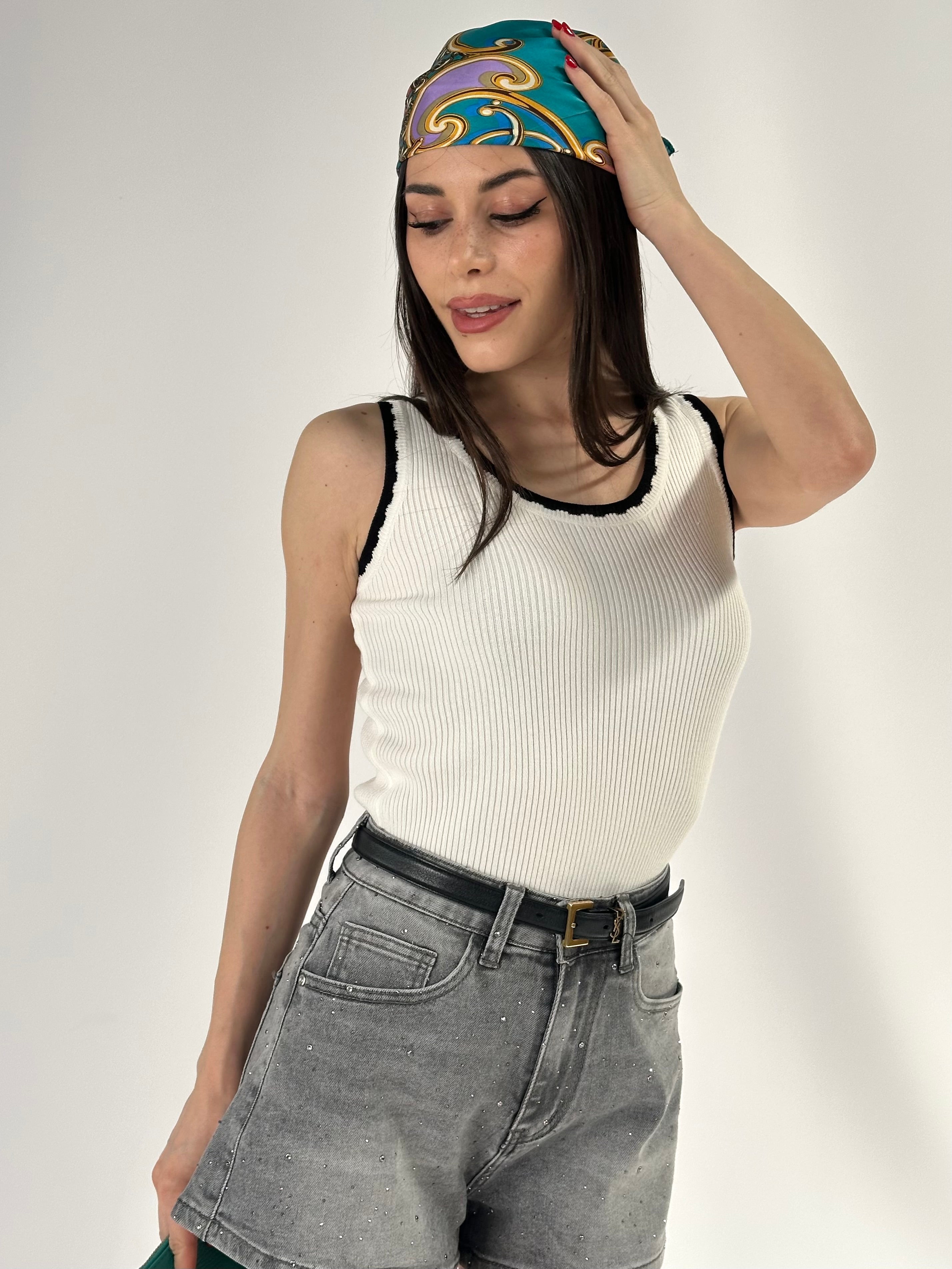 Top in cotone a costine doppio colore bianco