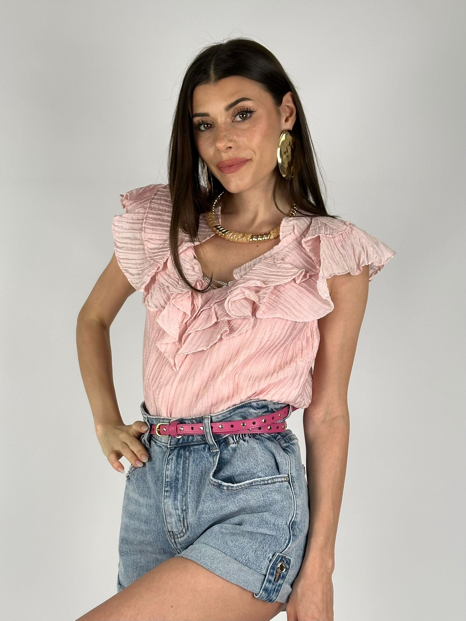 Camicia maniche volant e laccetto zirconato rosa