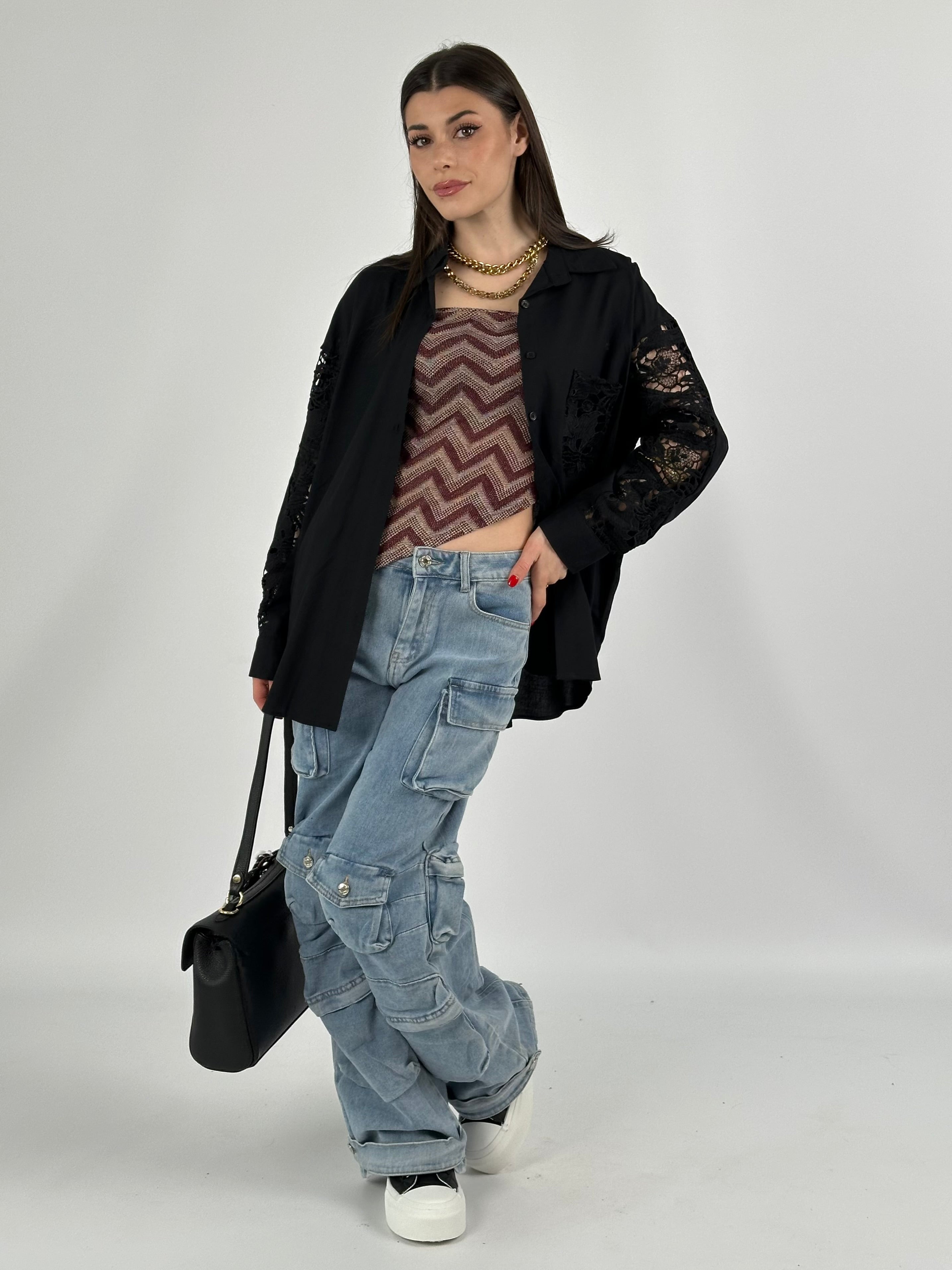 Camicia in cotone ricami tattoo nero
