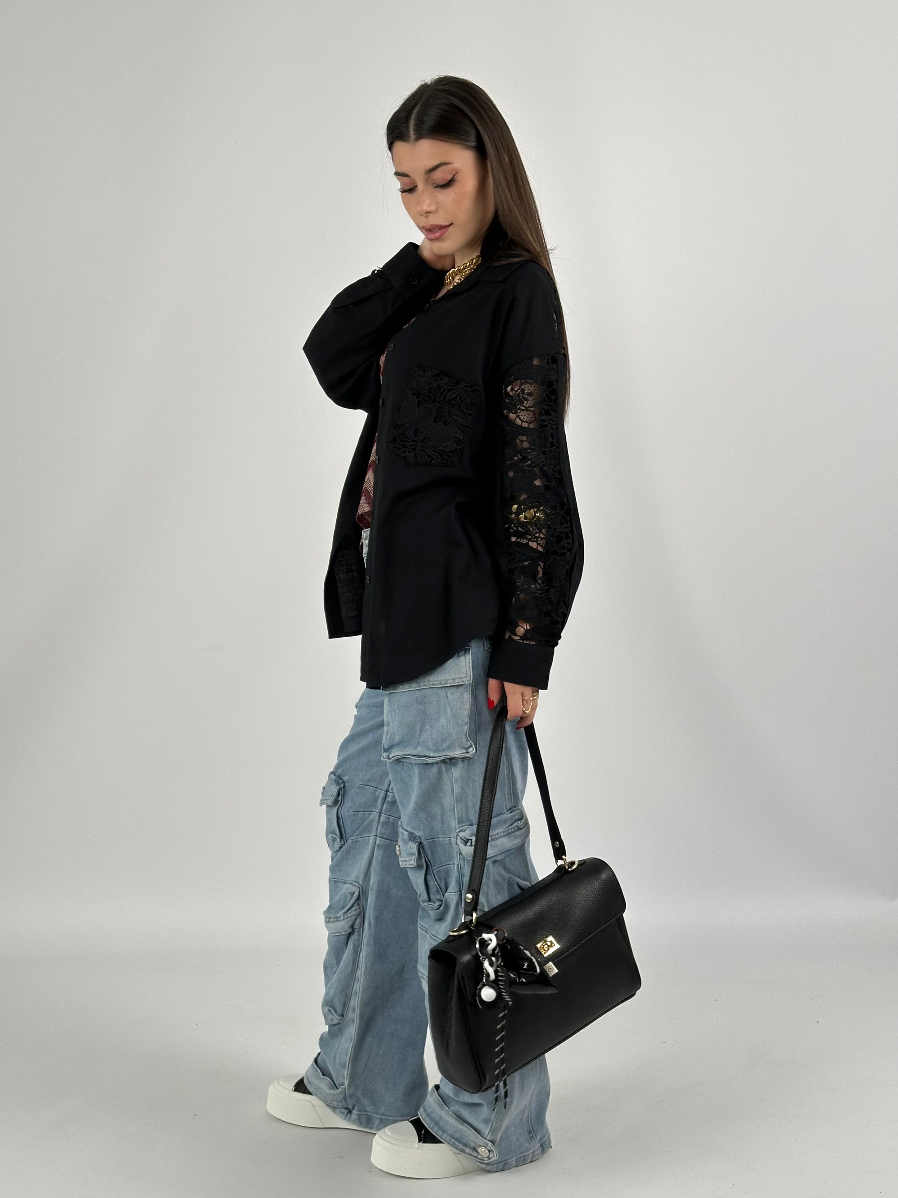 Camicia in cotone ricami tattoo nero